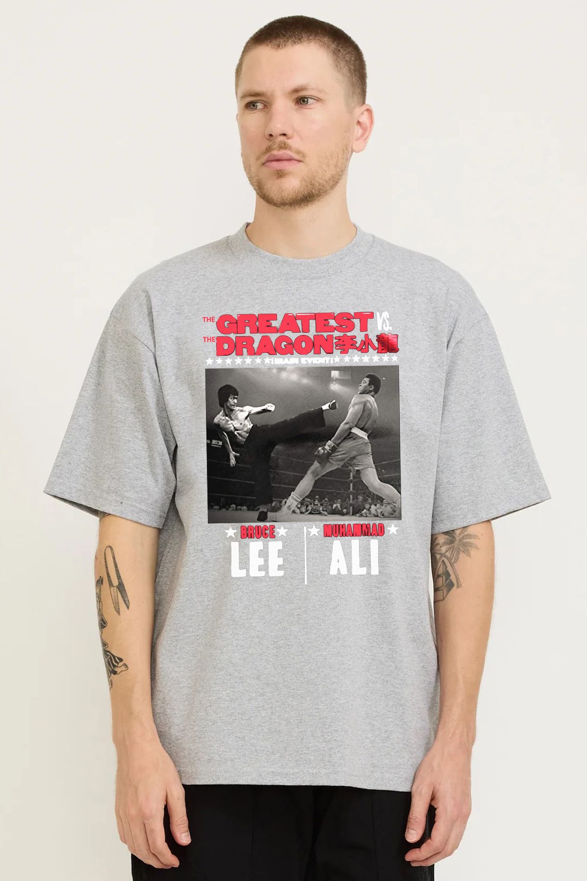 MODA Bruce Lee Muhammed Ali Baskılı Oversize Kalıp Grimelanj Bol Geniş Kesim Erkek Tişört