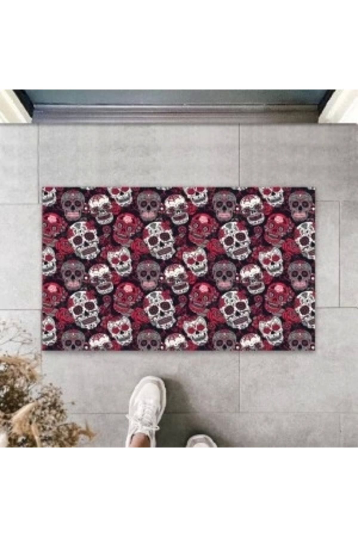 STOREMAX Dijital Baskı Kırmızı Çoklu Kurukafa Paspas K-3076