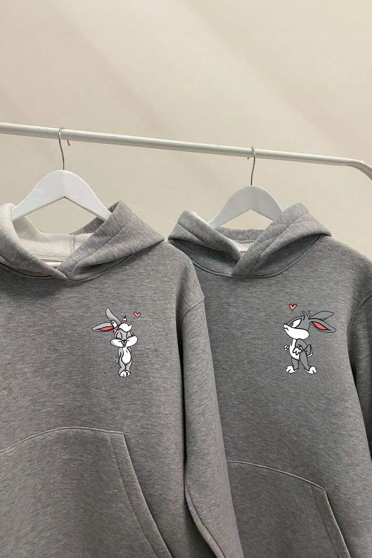 Boi Lola Bugs Bunny Sevgili Çift Kombin - Gri Baskılı Oversize Kapüşonlu Sweatshirt