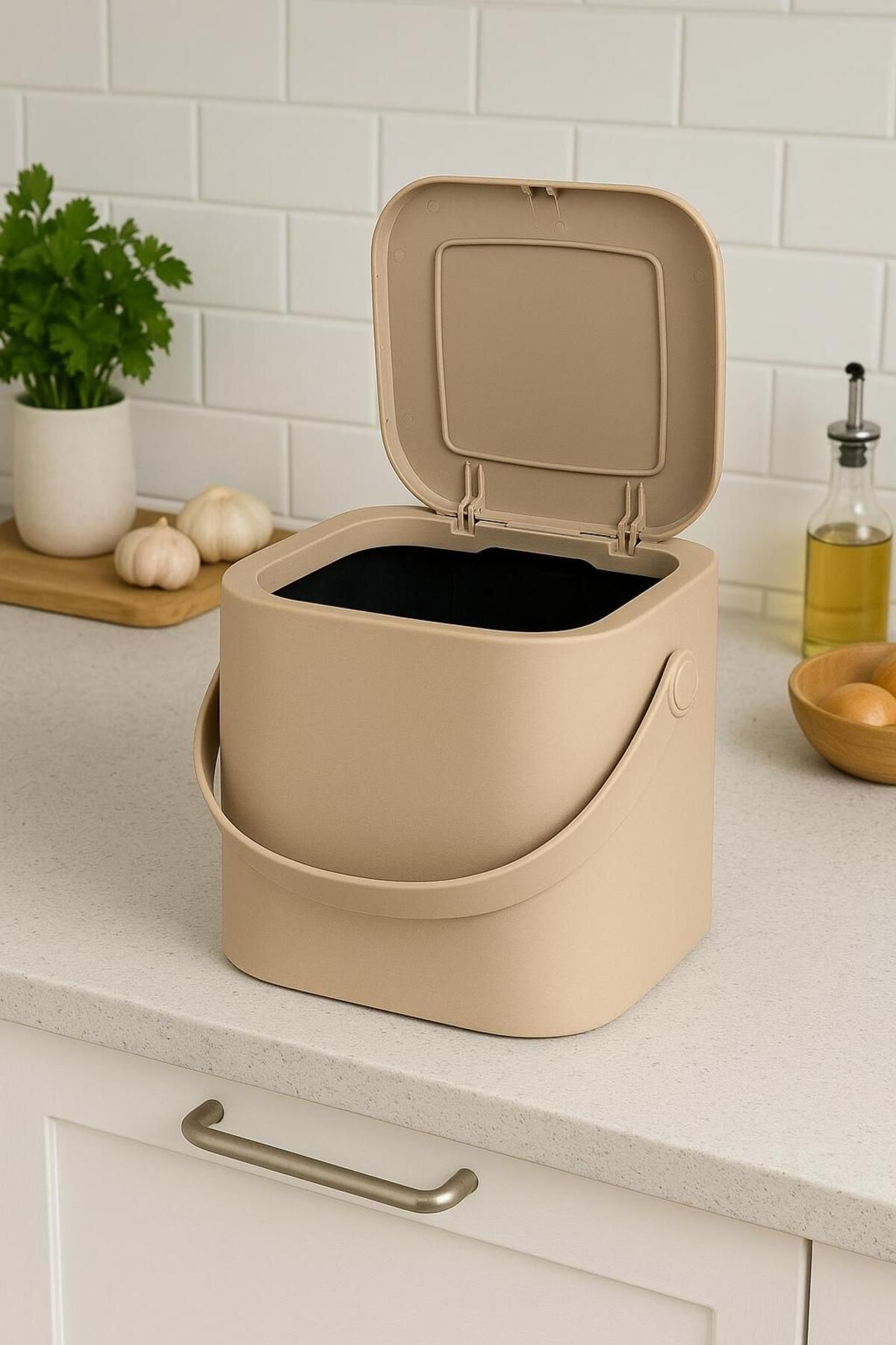 Noblo Home Yeni Nesil Akıllı Kapak Deri Kulplu Tezgah Üstü Mutfak Çöp Kovası 4 Litre