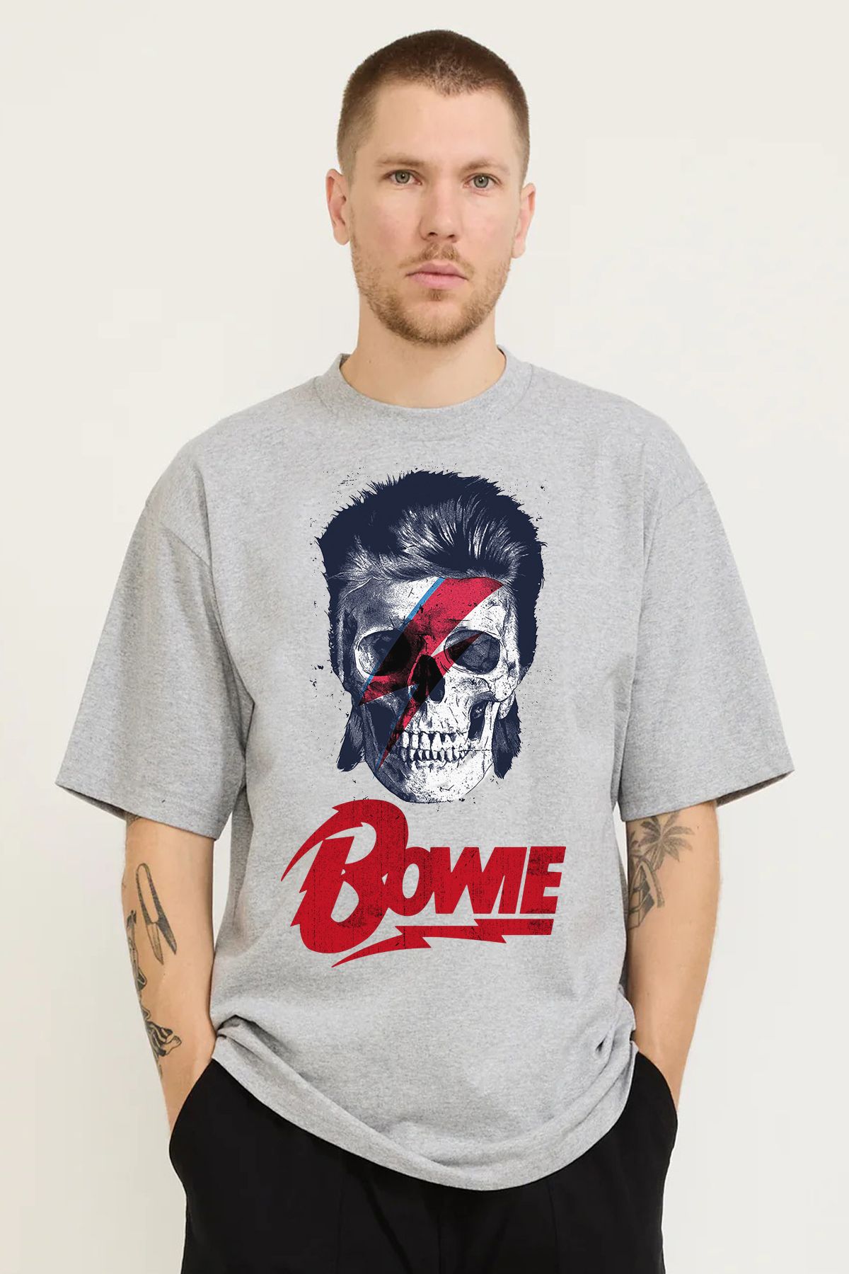 MODA David Bowie Ziggy Stardust Kuru Kafa Baskılı Oversize Kalıp Grimelanj Bol Geniş Kesim Erkek Tişört
