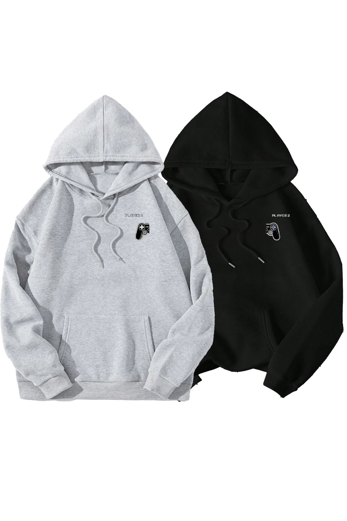 Boi Player Sevgili Çift Kombin - Gri Siyah Baskılı Oversize Kapüşonlu Sweatshirt