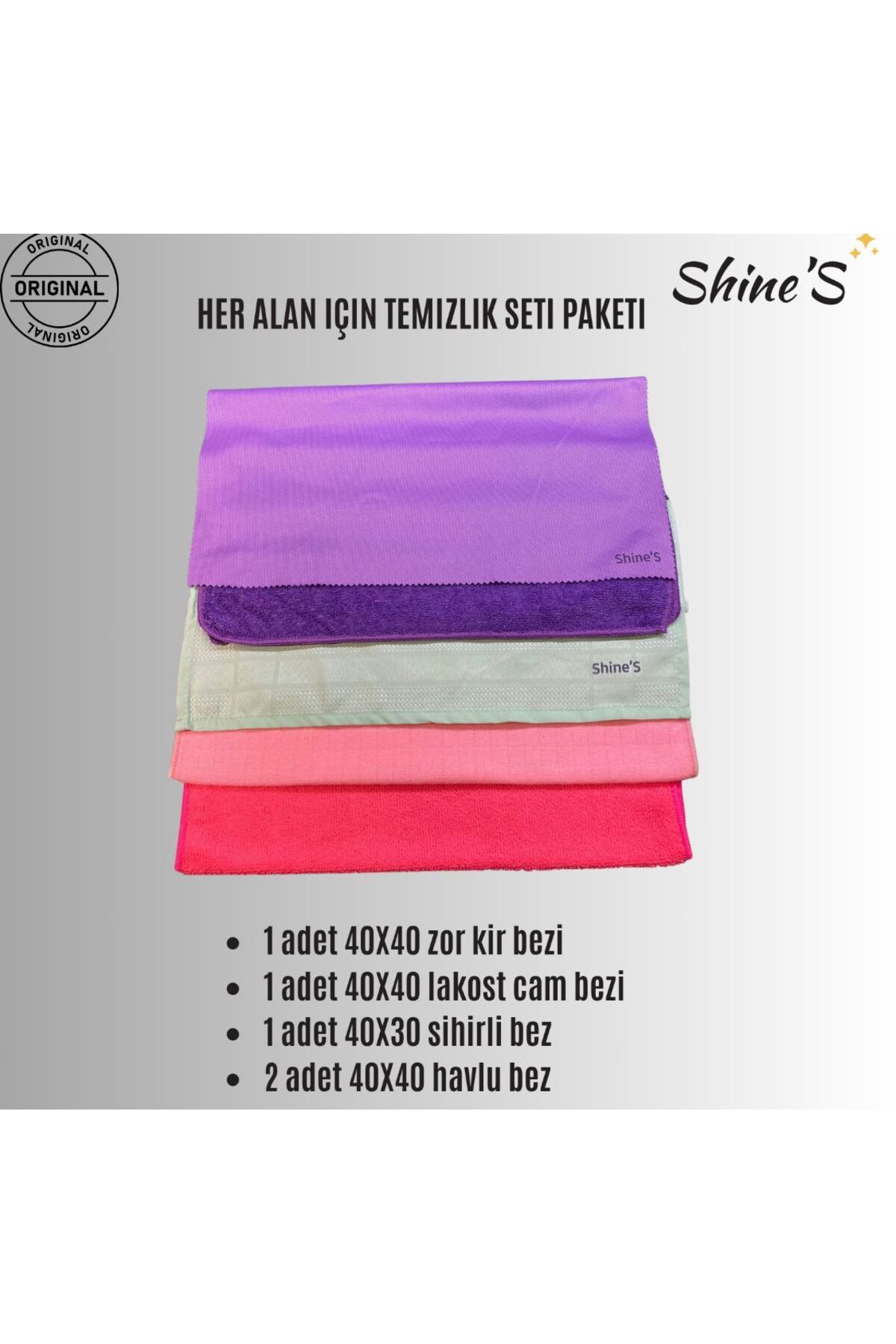 Shines Fabrika Satış Mağazası Shine'S Lux Temizlik paketi cam bezi, mutfak bezi, WC, Banyo, mikrofiber bez 5'li karma paket