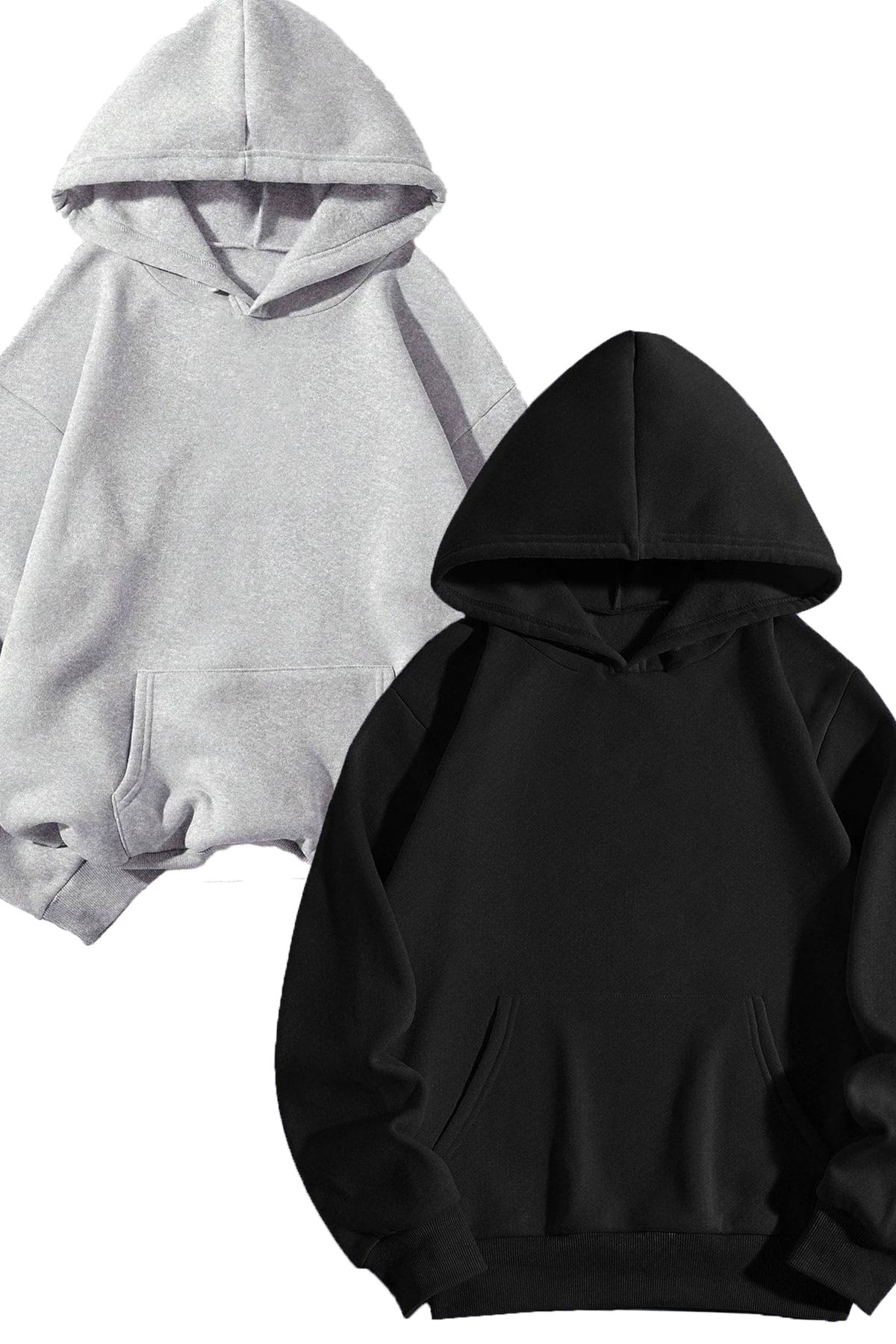 Boi 2'Li Basic Düz Sweatshirt - Gri Siyah Oversize Sweatshirt Kapüşonlu