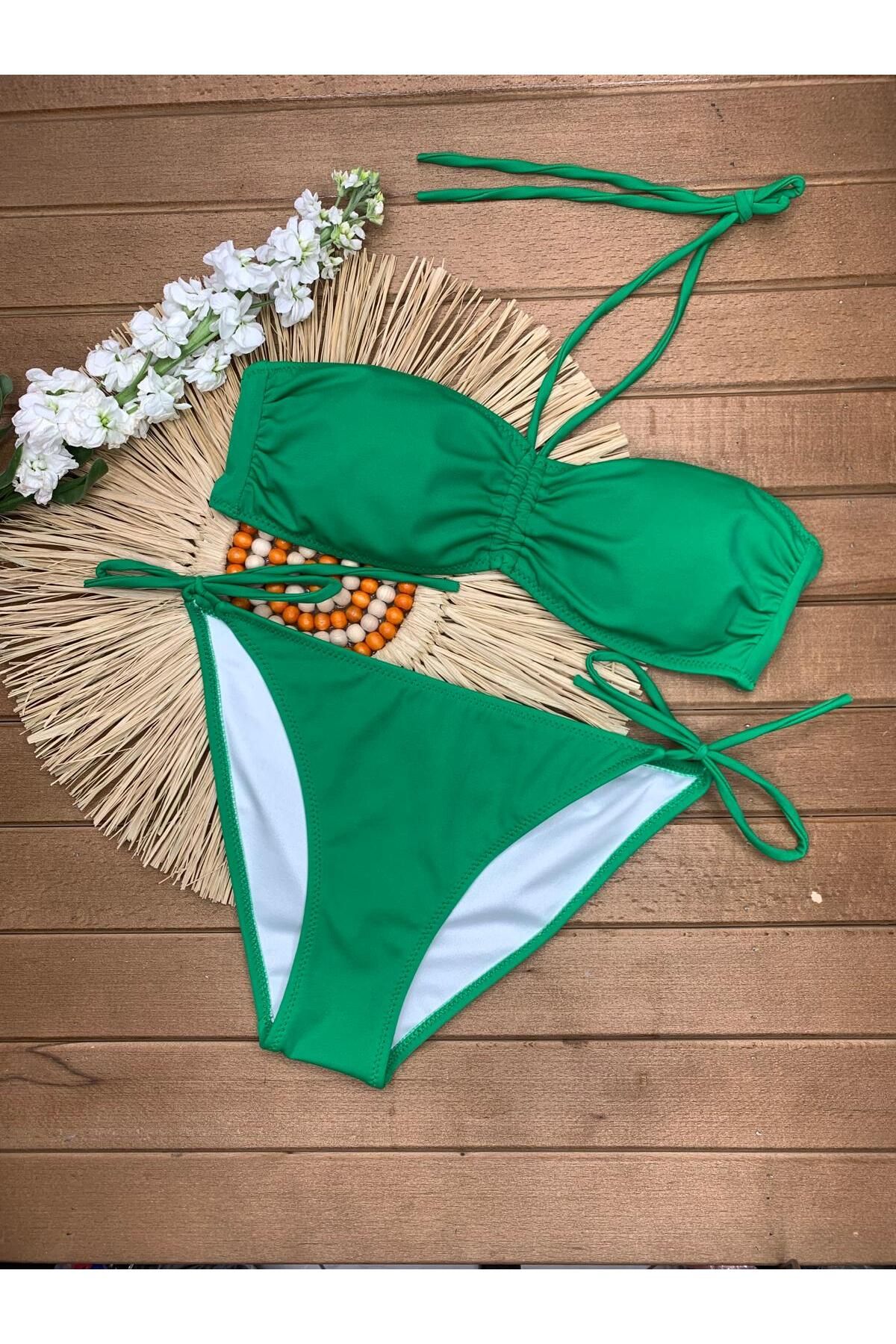 XORVİO Kadın Yeşil Likralı Esnek Boyundan Bağlamalı Ipli Straplez Şık Kaliteli Büzgü Ayarlı Bikini Takım
