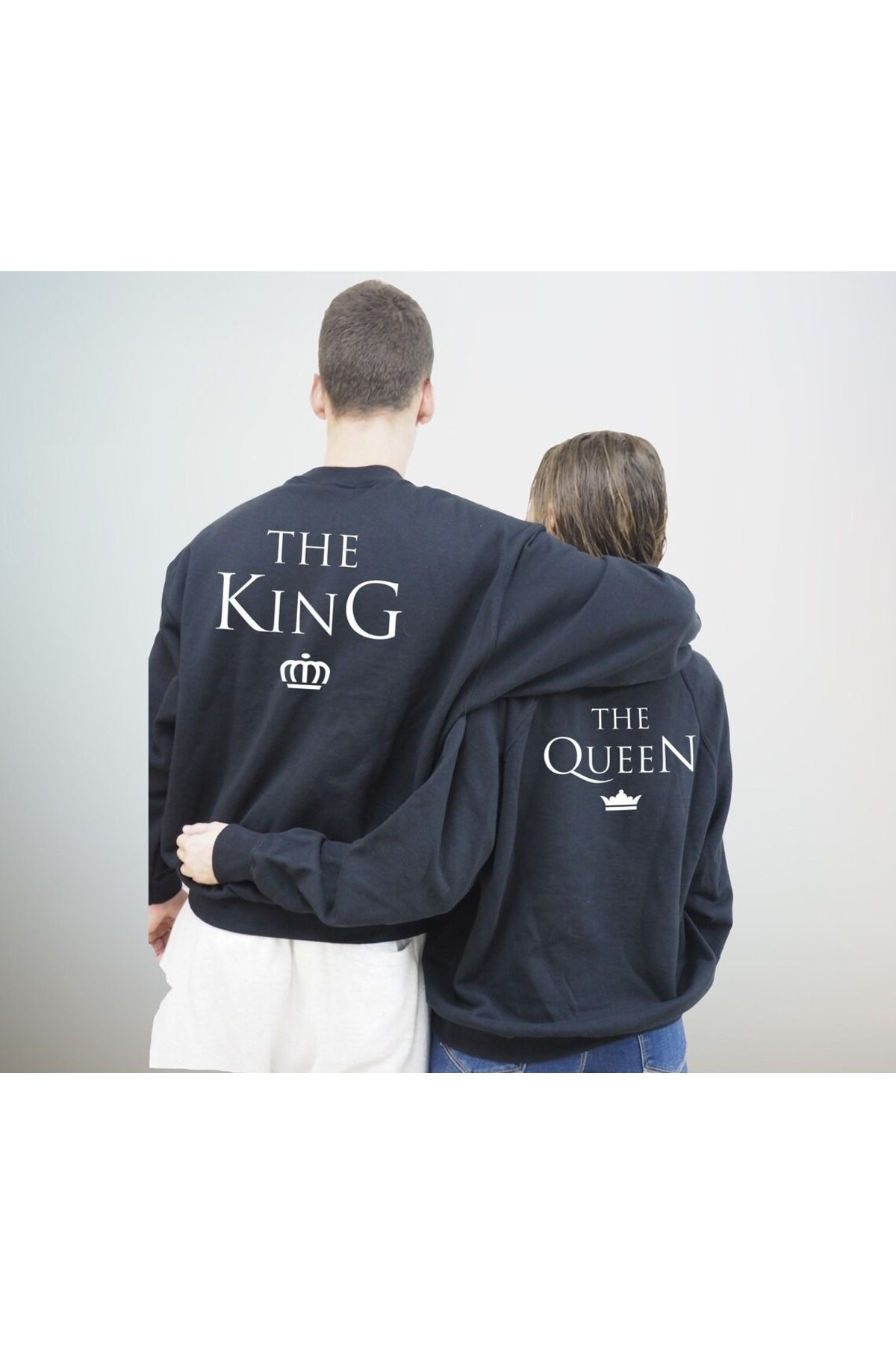 Boi The Queen The King Çift Kombin - Siyah Baskılı OVersize Bisiklet Yaka Sweatshirt