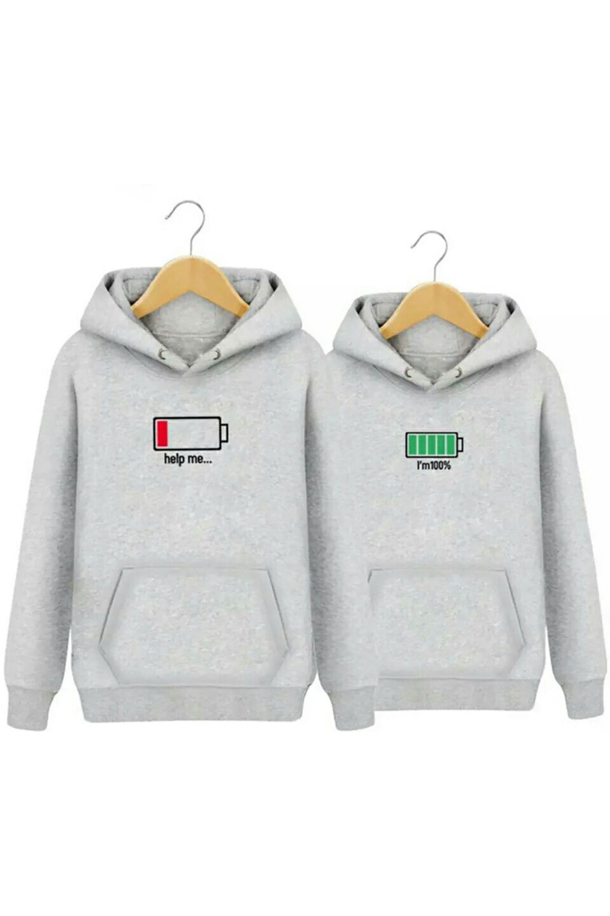 Boi Charge Çift Kombin Sweatshirt - Gri Baskılı Oversize Kapüşonlu