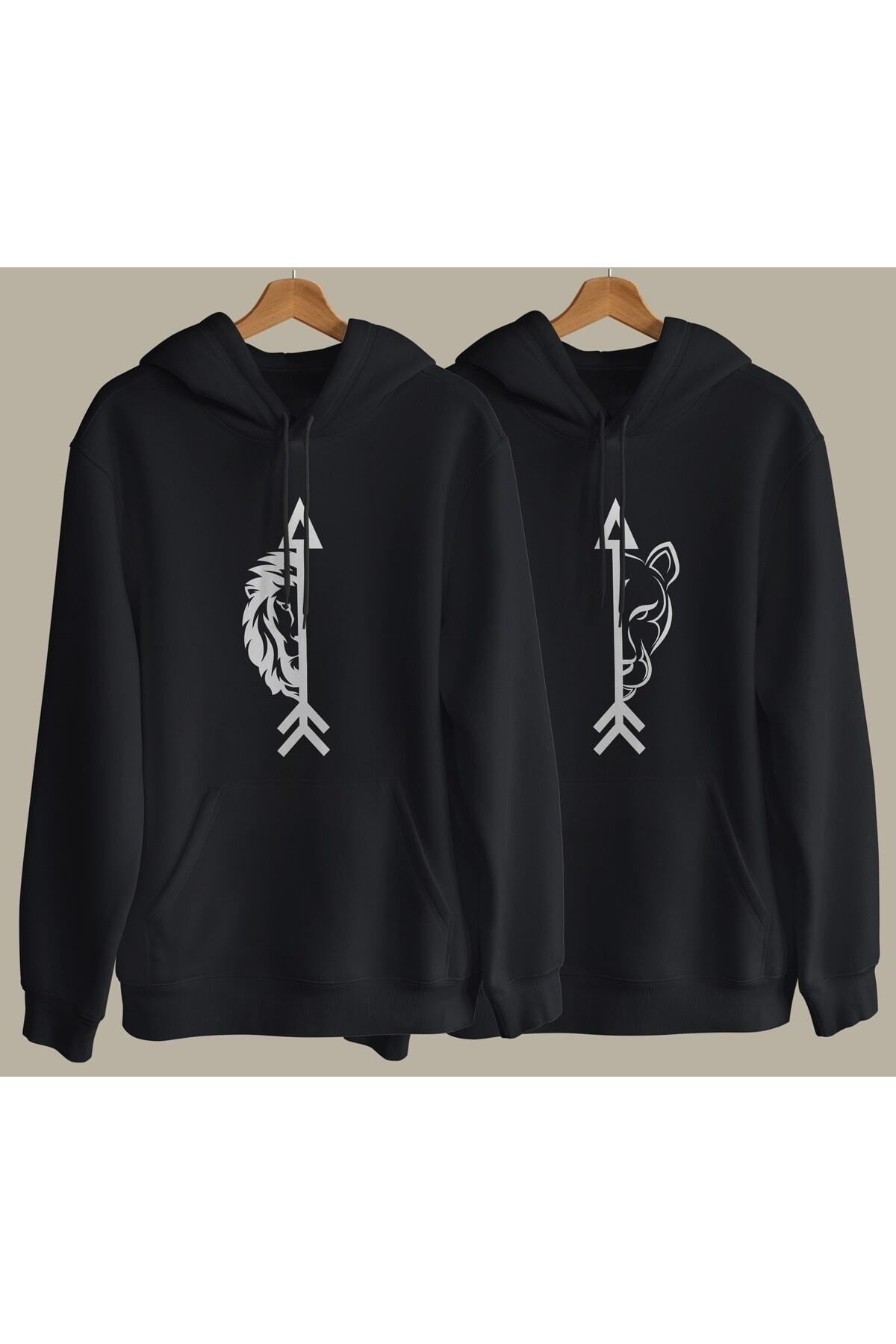 Boi Erkek Aslan Kadın Aslan Sevgili Çift Kombin - Siyah Baskılı Oversize Kapüşonlu Sweatshirt