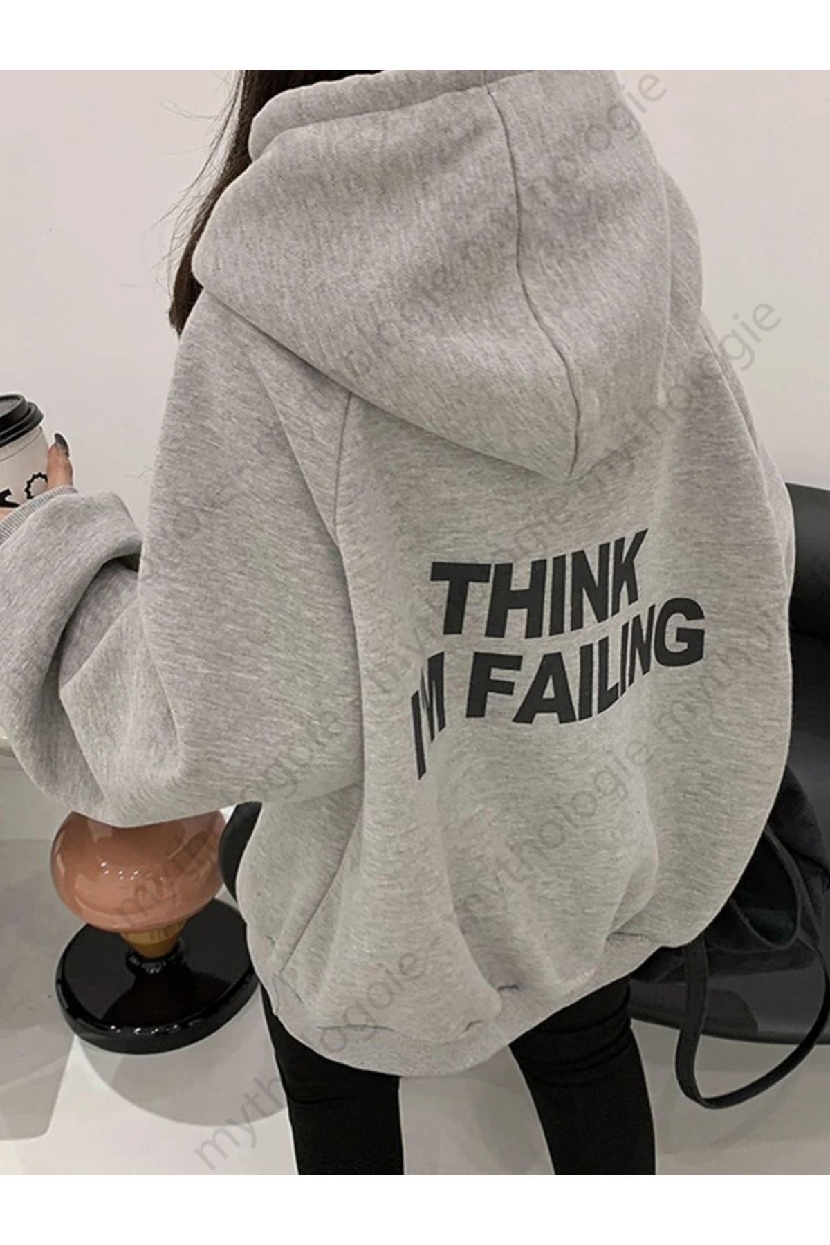 Boi Think I'm Failing Sweatshirt - Gri Baskılı Oversize Sweatshirt Kapüşonlu