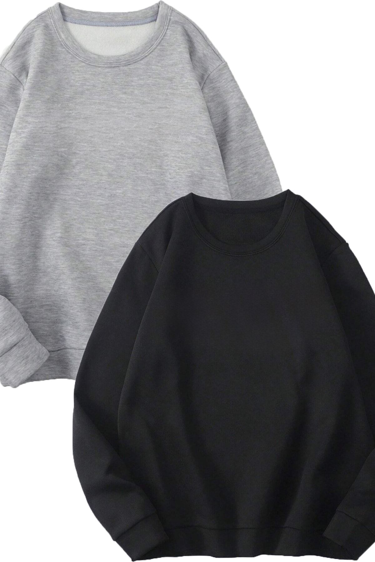Boi 2'Li Basic Düz Sweatshirt - Siyah Gri Oversize Sweatshirt Bisiklet Yaka