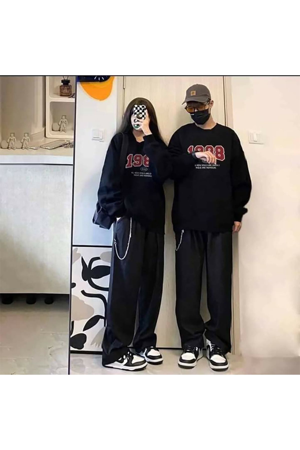 Boi 1988 Çift Kombin Sweatshirt - Siyah Baskılı Oversize Bisiklet Yaka