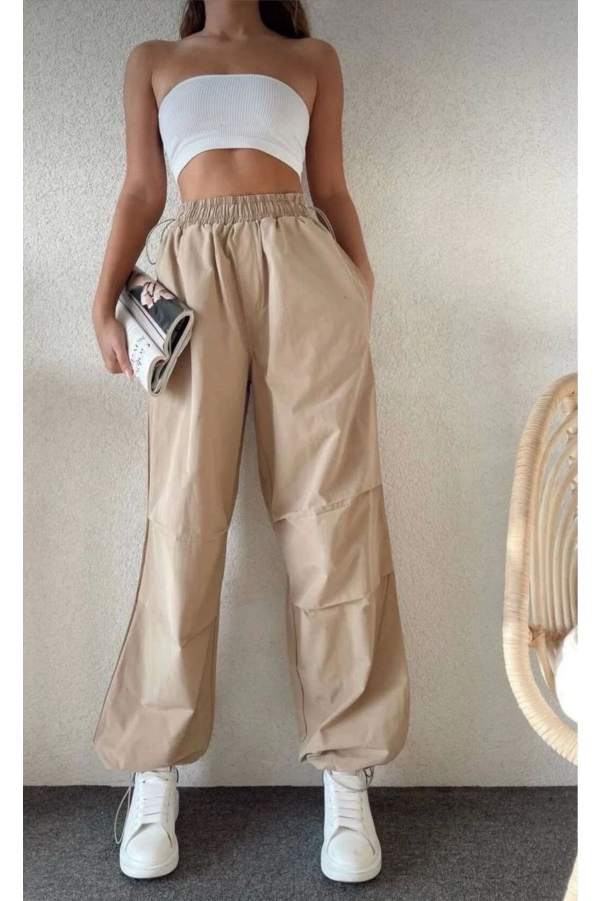 Pink Stil Kadın Cepli Paraşut Pantalon - Bej