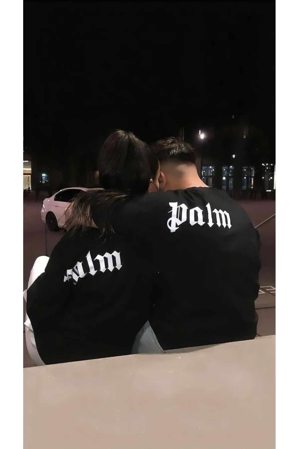 Boi Palm Yazılı Çift Kombin - Siyah Baskılı Oversize Bisiklet Yaka Sweatshirt