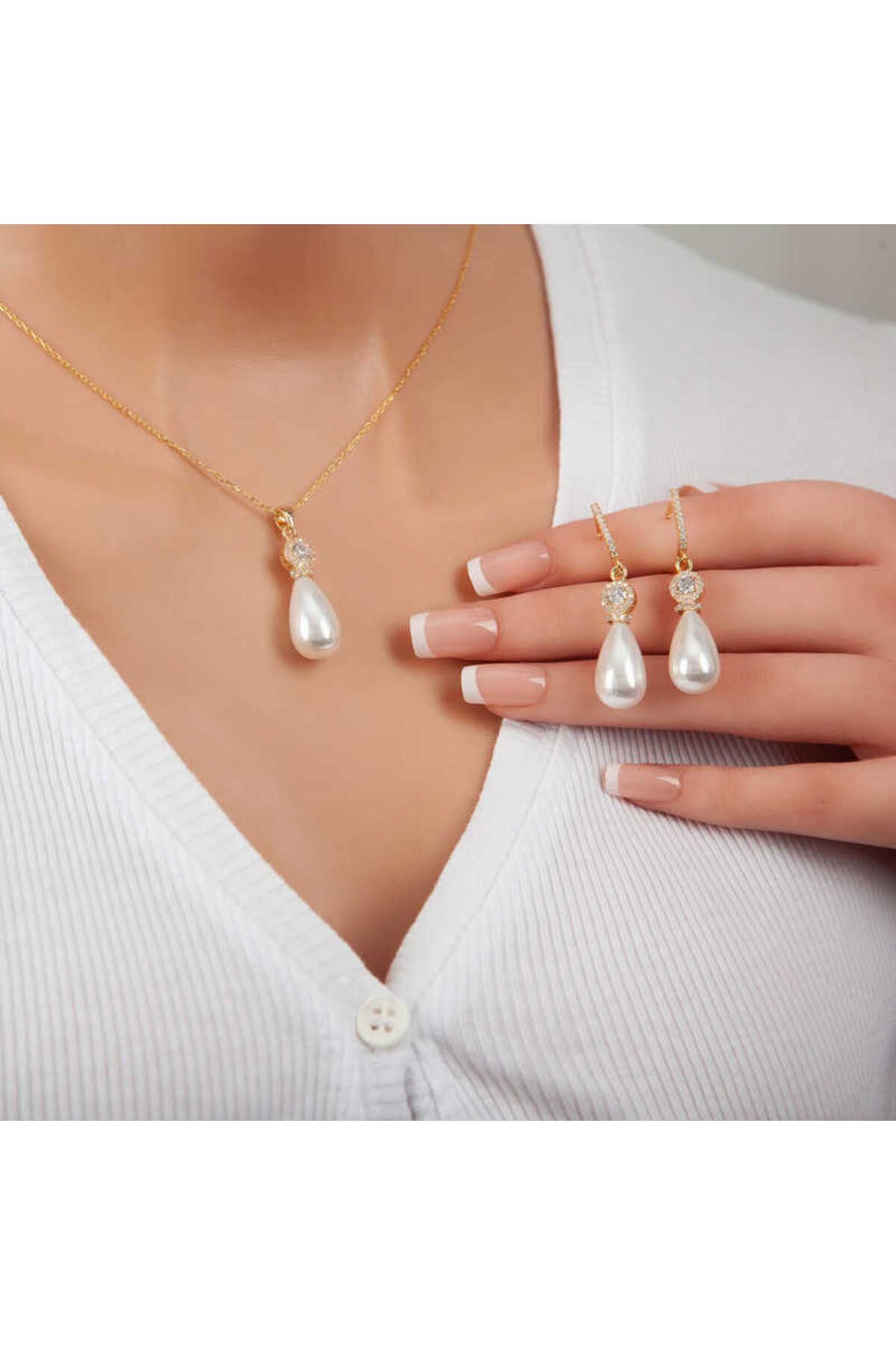 Huramarketing 925 Ayar Gümüş Gold Damla İnci Kadın Set
