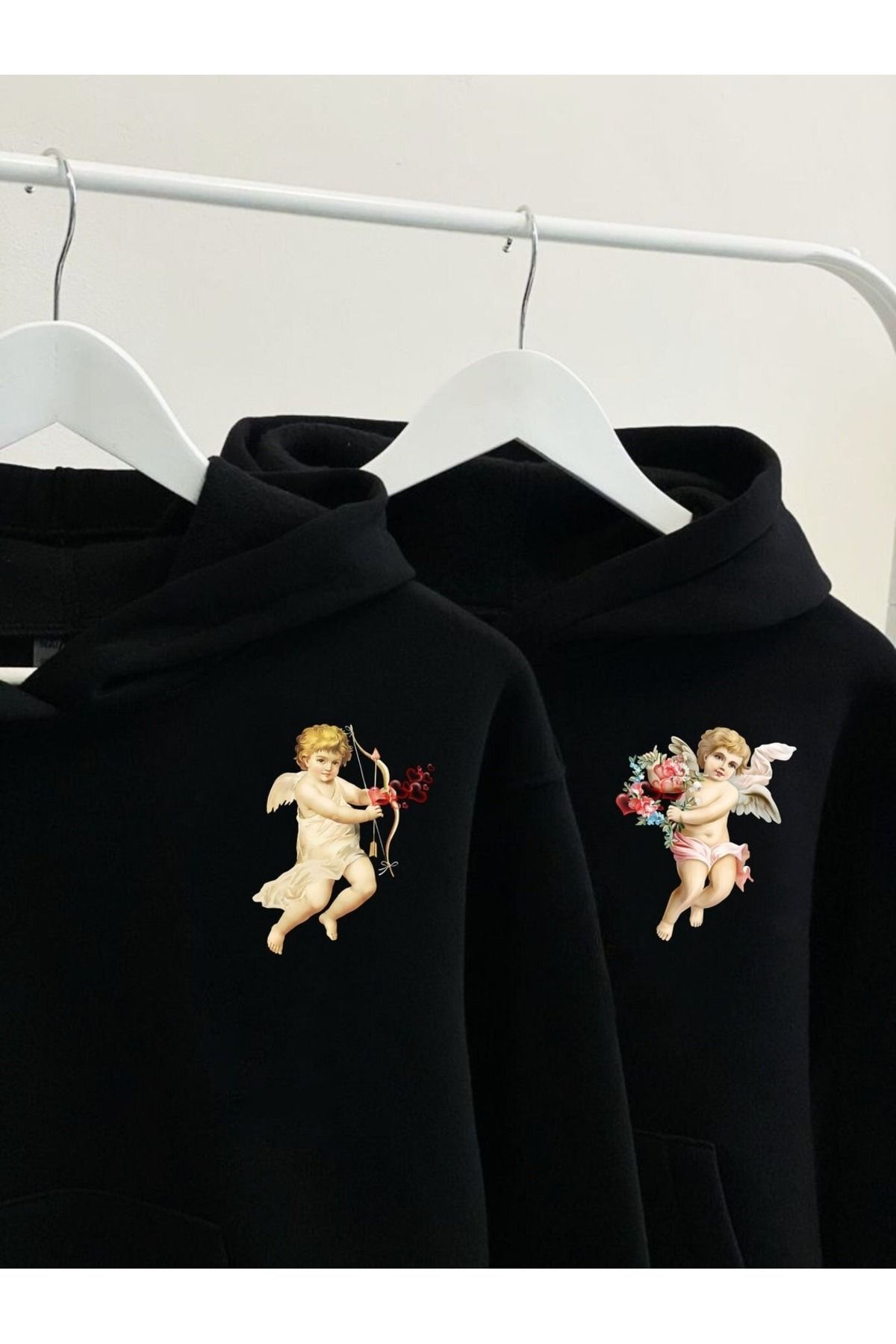 Boi Eros Sevgili Çift Kombin - Siyah Baskılı Oversize Kapüşonlu Sweatshirt