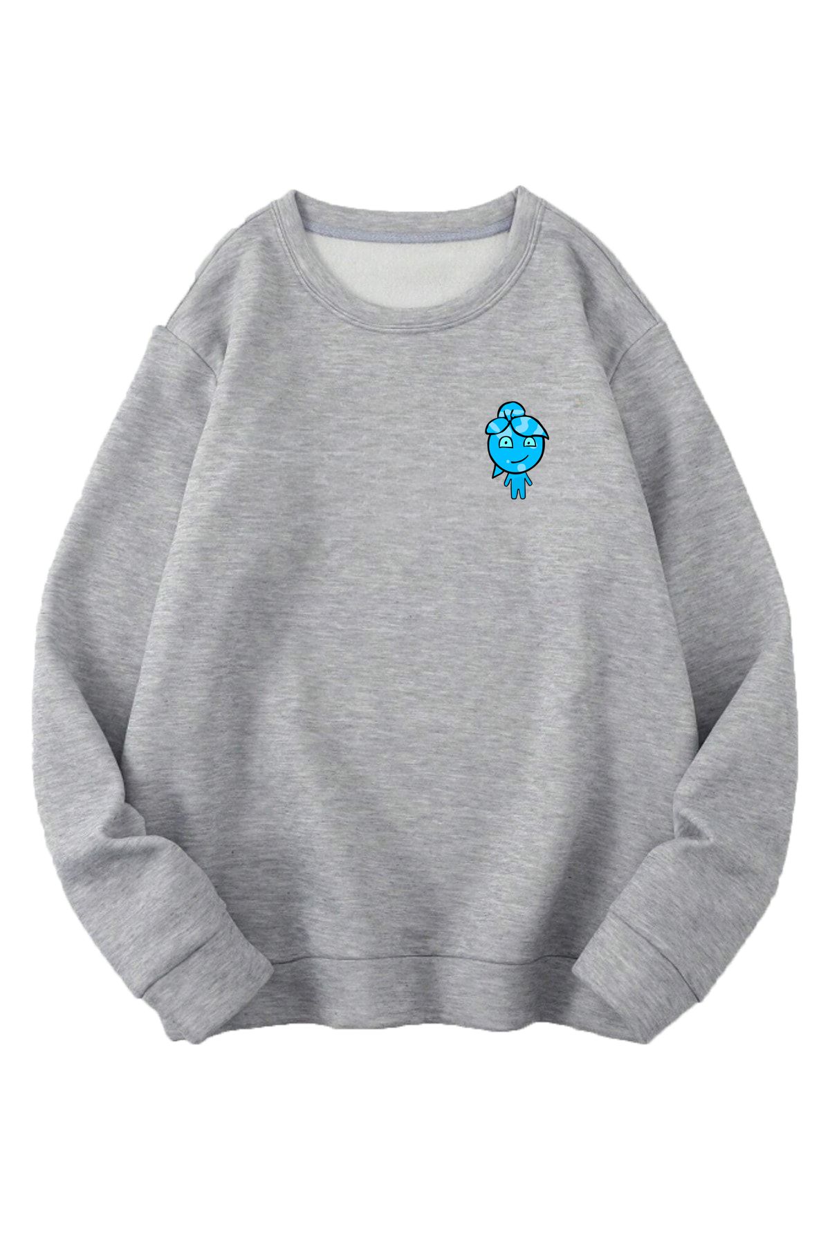 Boi Su Sweatshirt - Gri Baskılı Oversize Sweatshirt Bisiklet Yaka