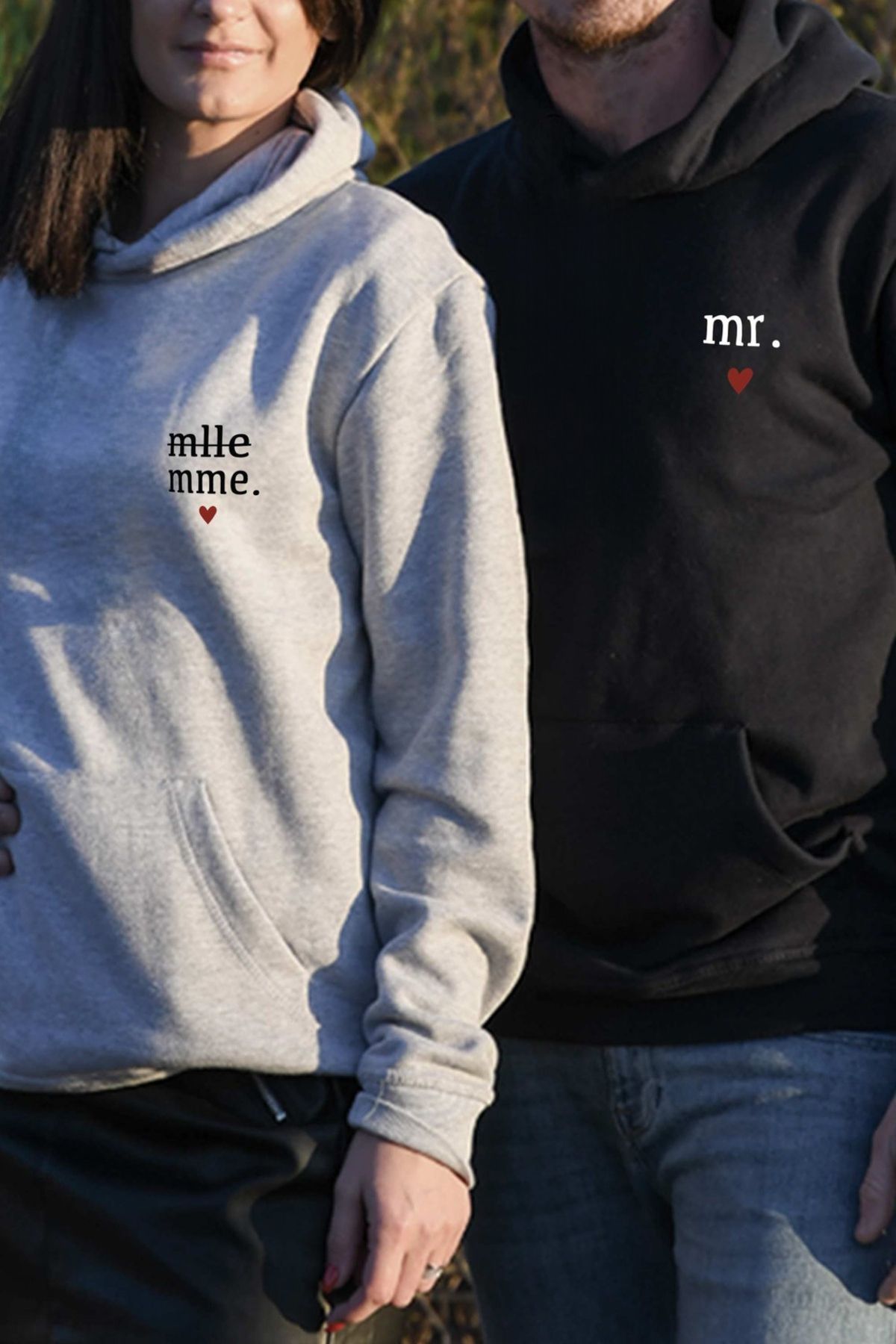 Boi Mme. Mr. Sevgili Çift Kombin - Gri Siyah Baskılı Oversize Kapüşonlu Sweatshirt