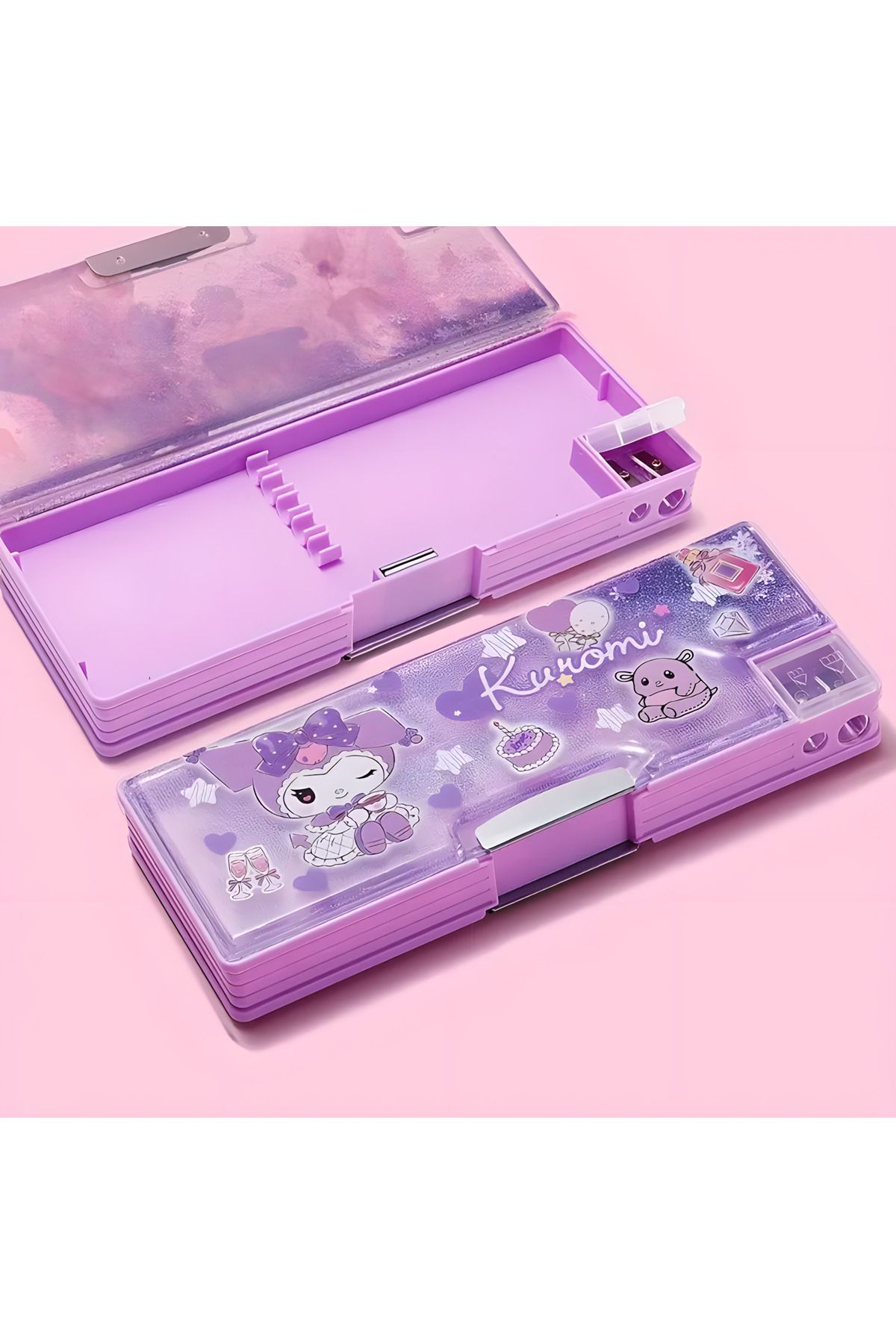 kardelen kırtasiye Sanrio Kuromi Sulu Simli Çok Fonksiyonlu Kalemlik Çift Bölmeli Mıknatıslı Ultra Hafif Kalem Kutusu