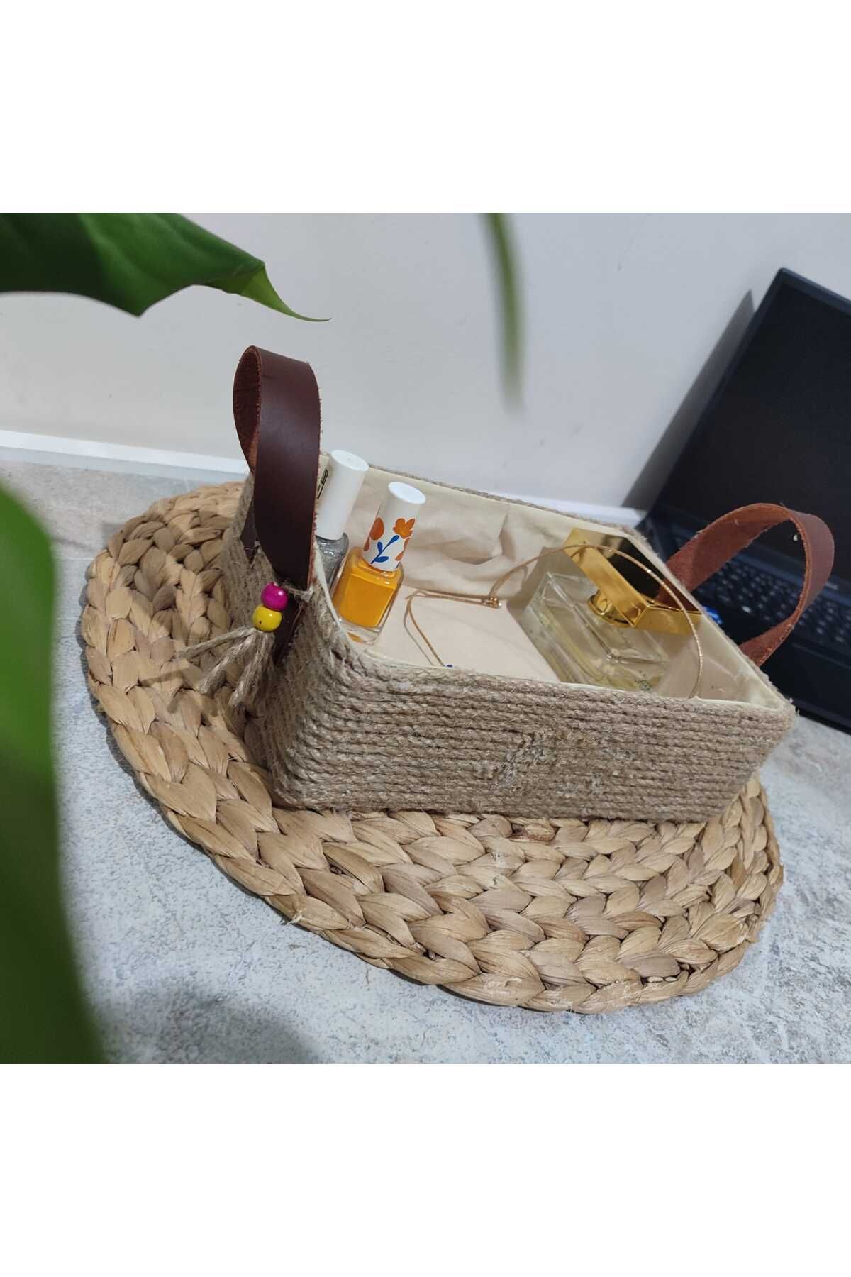 Shop58 Organik Dekoratif Deri Kulplu Hasır İple El Yapımı Sepet Oganizer