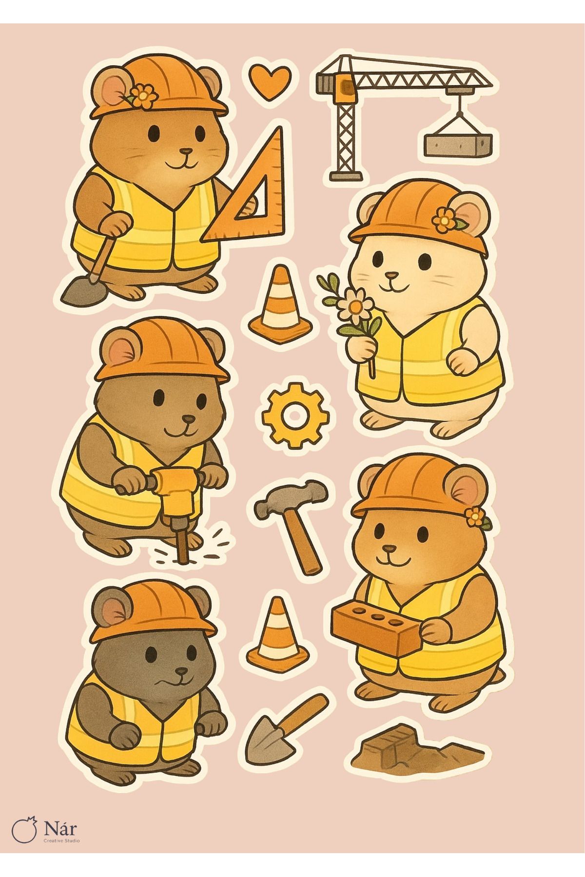 sticker 🐹 Tatlı İnşaat Mühendisi Hamsterlar – Sticker Seti – 3 Sayfa – Bullet Journal & Planlayıcı Uyumlu