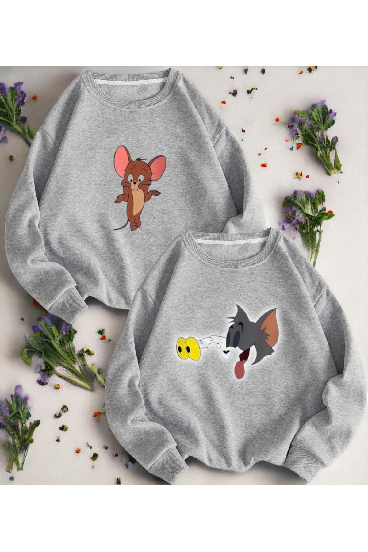Boi Şaşkın Jerry Ve Tom Sevgili Çift Kombin - Gri Baskılı Oversize Bisiklet Yaka Sweatshirt