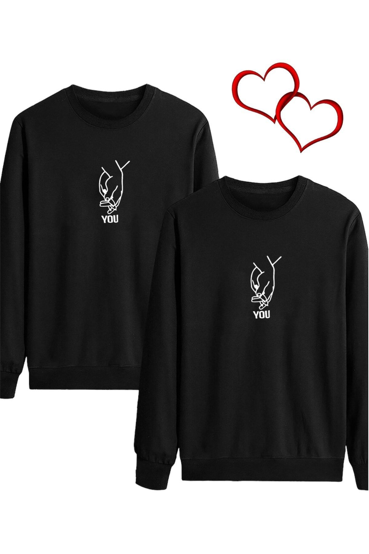 Boi You El Sevgili Çift Kombin - Siyah Baskılı Oversize Bisiklet Yaka Sweatshirt