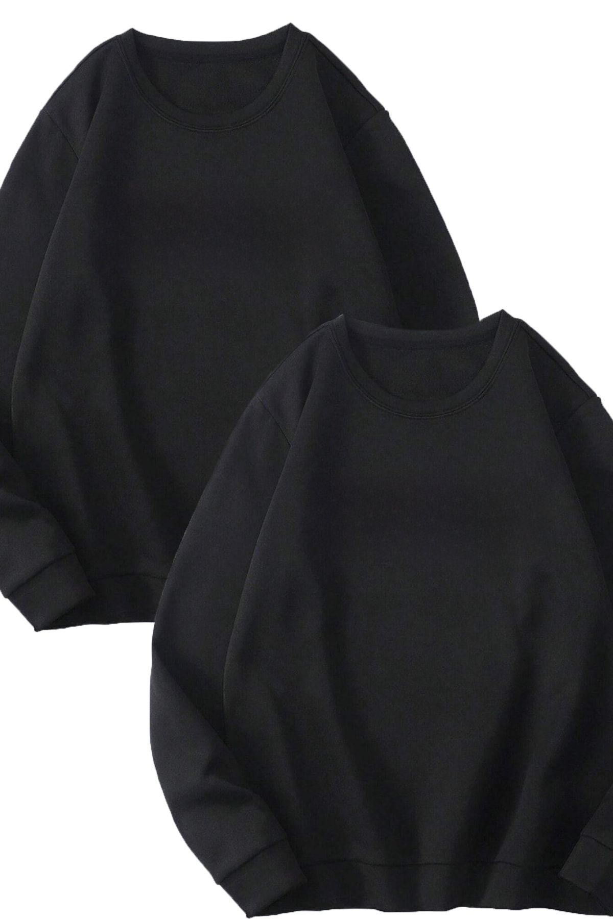 Boi 2'Li Basic Düz Sweatshirt - Siyah Oversize Sweatshirt Bisiklet Yaka