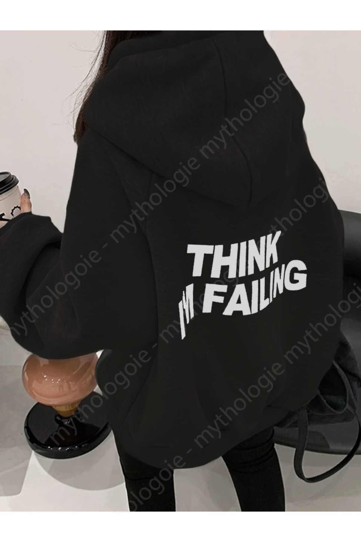 Boi Think I'm Failing Sweatshirt - Siyah Baskılı Oversize Sweatshirt Kapüşonlu