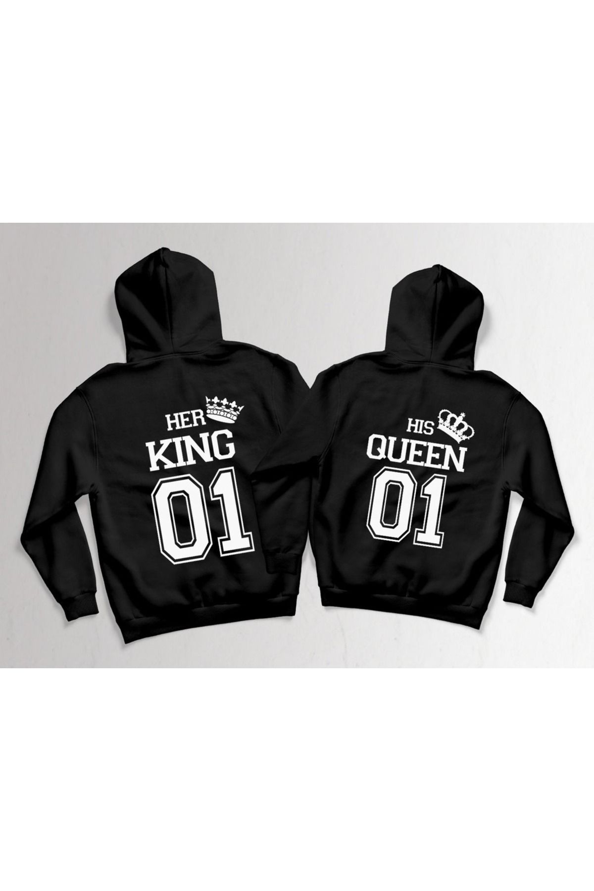 Boi Her King His Queen 01 Sevgili Çift Kombin - Siyah Baskılı Oversize Kapüşonlu Sweatshirt