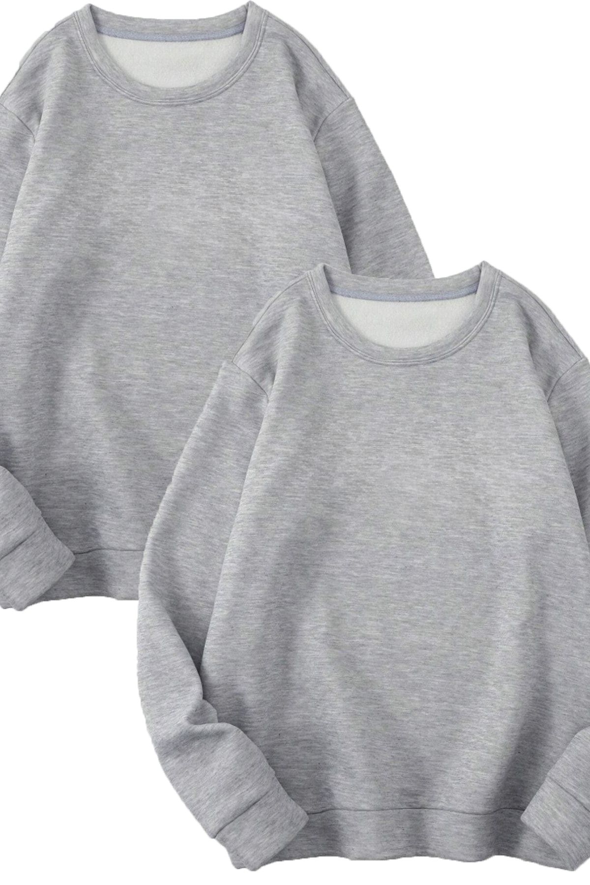 Boi 2'Li Basic Düz Sweatshirt - Gri Oversize Sweatshirt Bisiklet Yaka