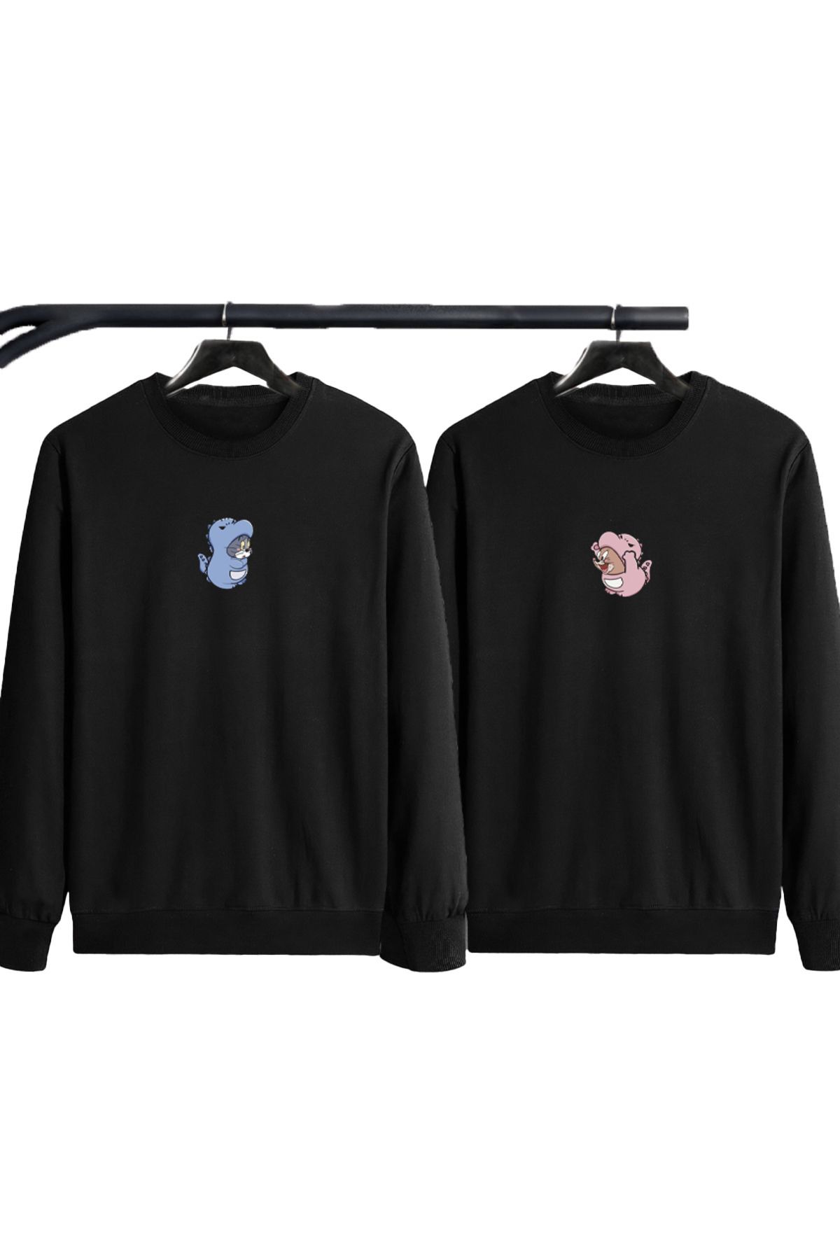 Boi Dinazor Kostümlü Tom Jerry Çift Kombin Sweatshirt - Siyah Baskılı Oversize Bisiklet Yaka