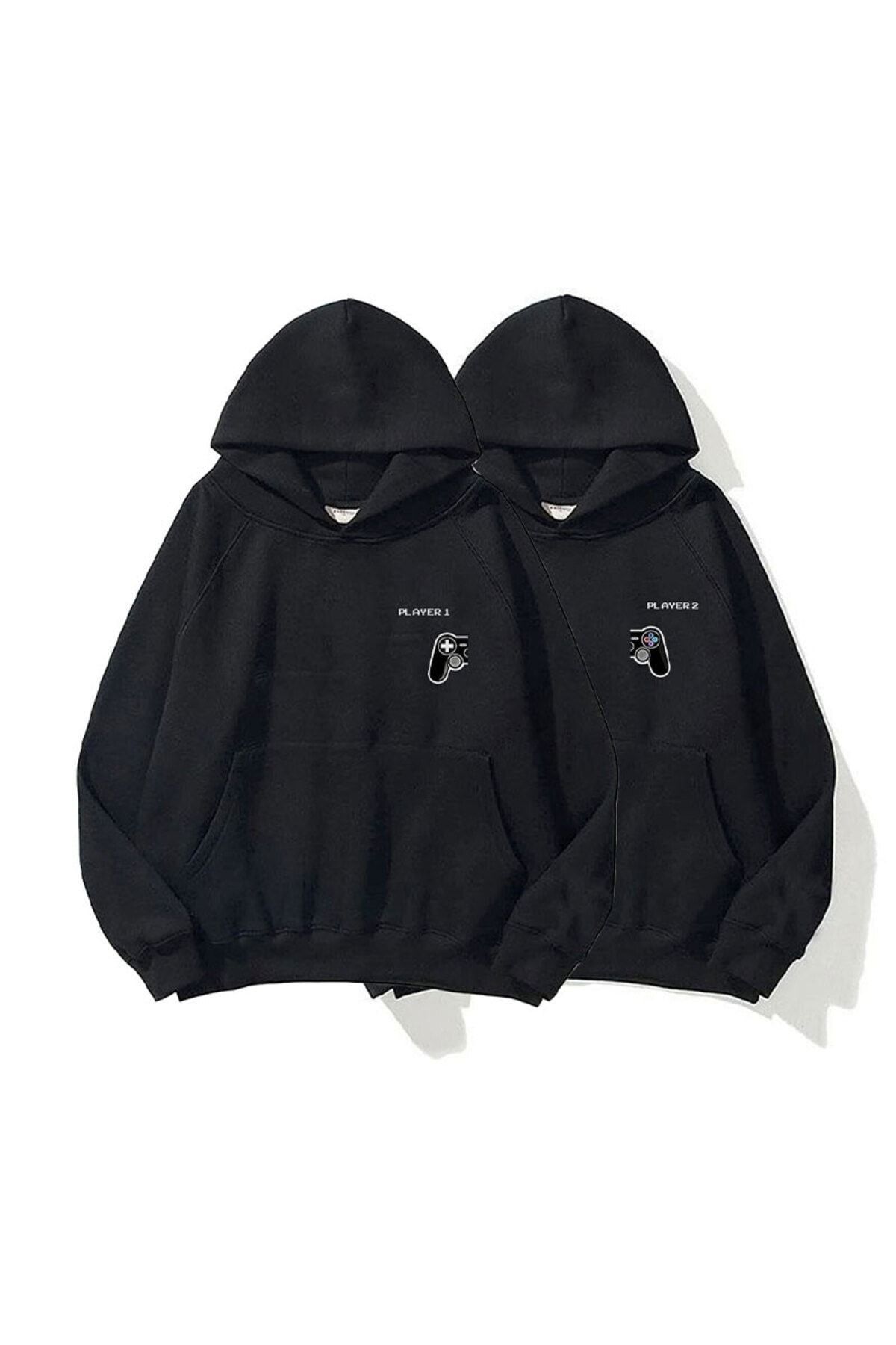 Boi Player Sevgili Çift Kombin - Siyah Baskılı Oversize Kapüşonlu Sweatshirt