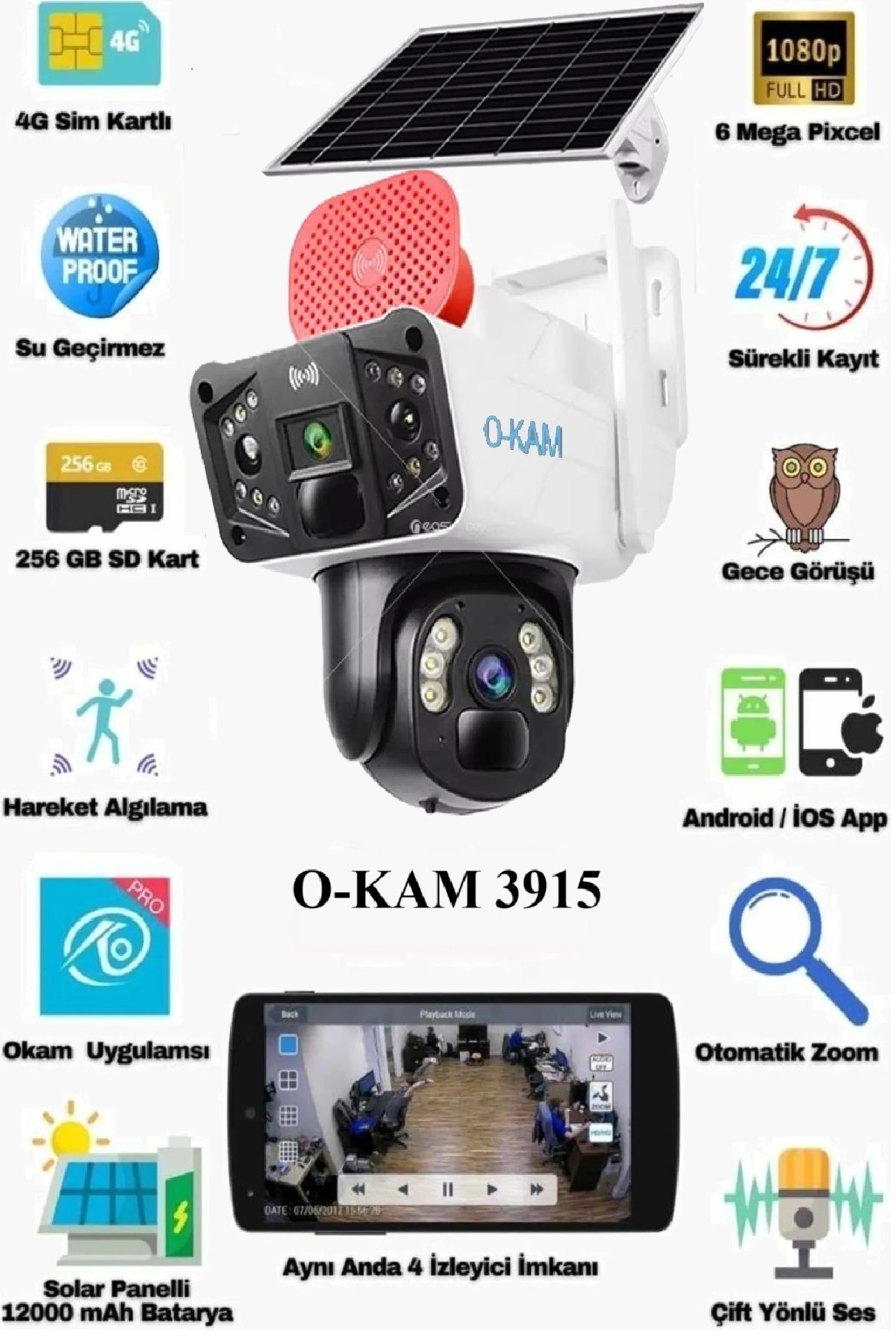 TR Charger O-KAM 3915 4G 6MP Çift Lens Sim Kartlı Güneş Enerjili Güvenlik Kamerası