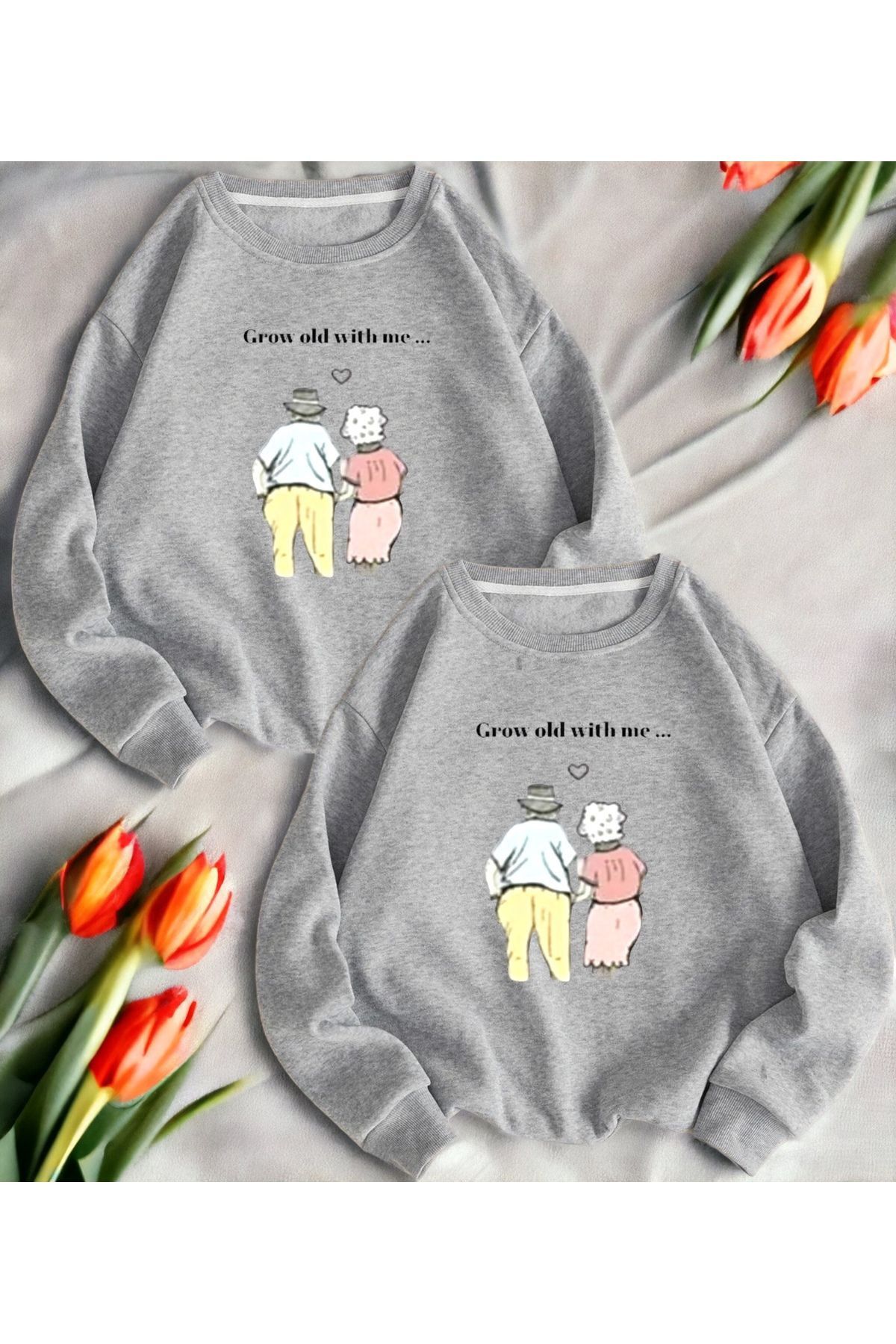 Boi Grow Old With Me Sevgili Çift Kombin - Gri Baskılı Oversize Bisiklet Yaka Sweatshirt