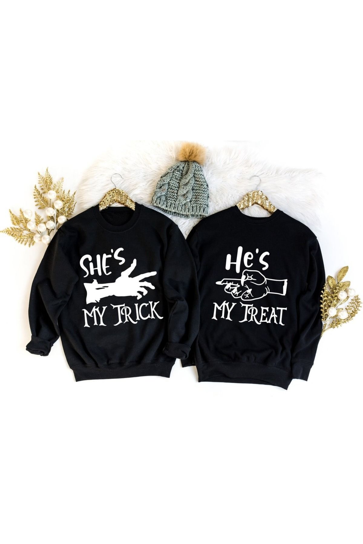 Boi Trick Treat Sevgili Çift Kombin - Siyah Baskılı Oversize Bisiklet Yaka Sweatshirt