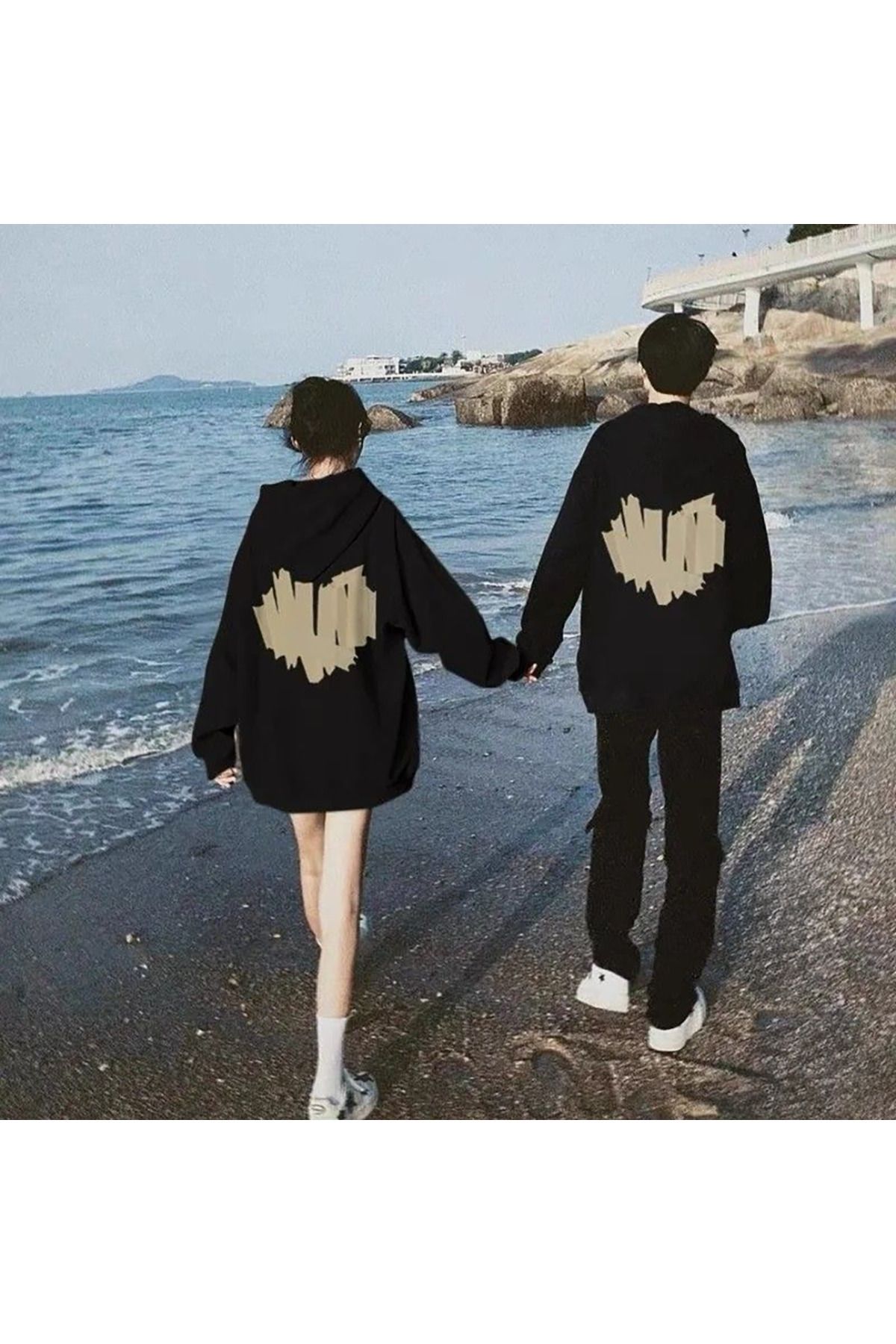 Boi Kalp Sevgili Çift Kombin Sweatshirt - Siyah Baskılı Oversize Kapüşonlu