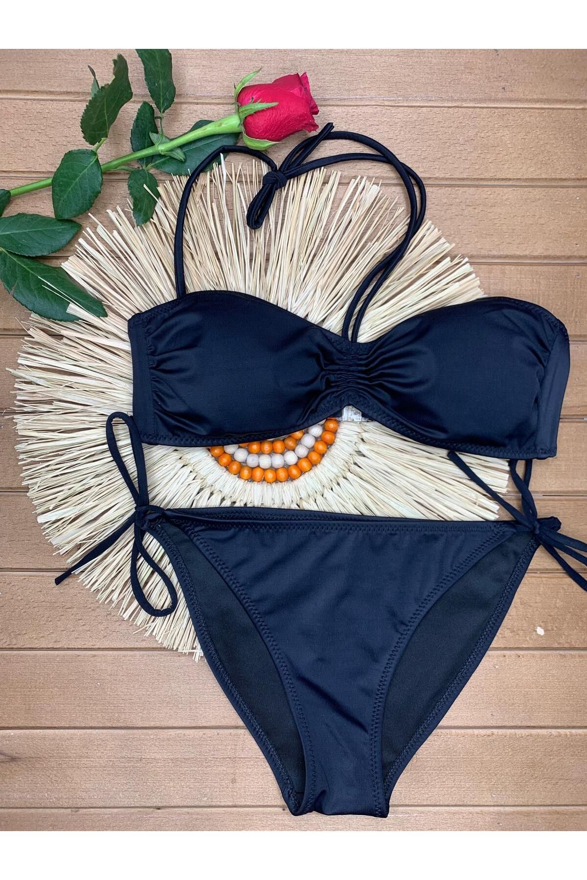 XORVİO Kadın Siyah Likralı Esnek Boyundan Bağlamalı Ipli Straplez Şık Kaliteli Büzgü Ayarlı Bikini Takım