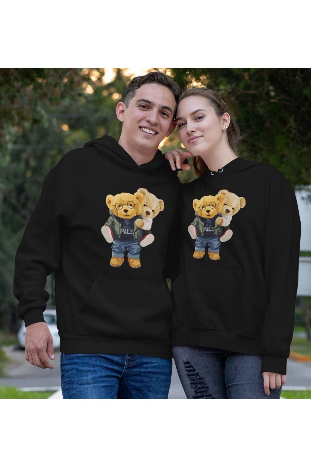Boi Ayılar Sevgili Çift Kombin - Siyah Baskılı Oversize Kapüşonlu Sweatshirt