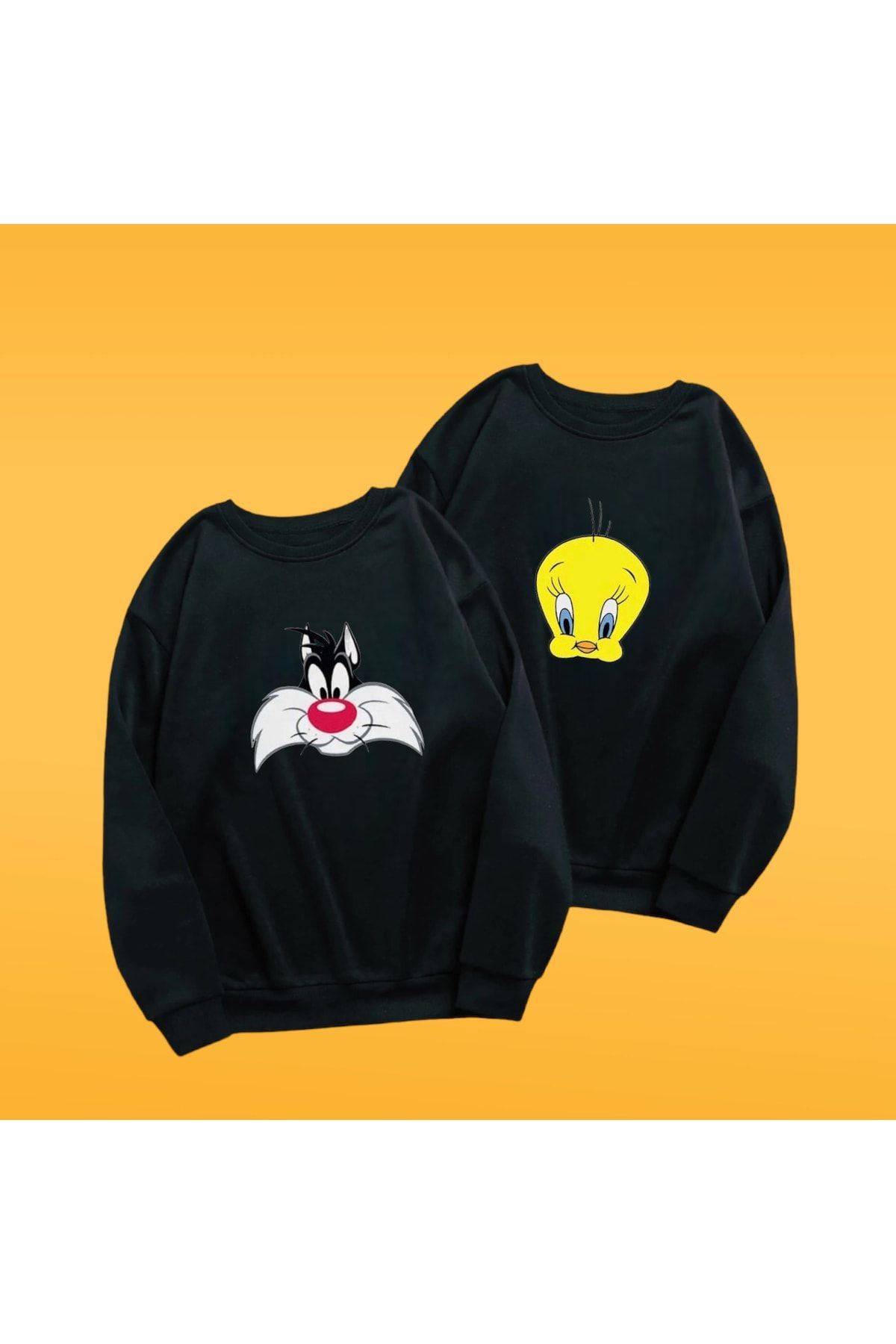 Boi Sylvester Tweety Sevgili Çift Kombin - Siyah Baskılı Oversize Bisiklet Yaka Sweatshirt