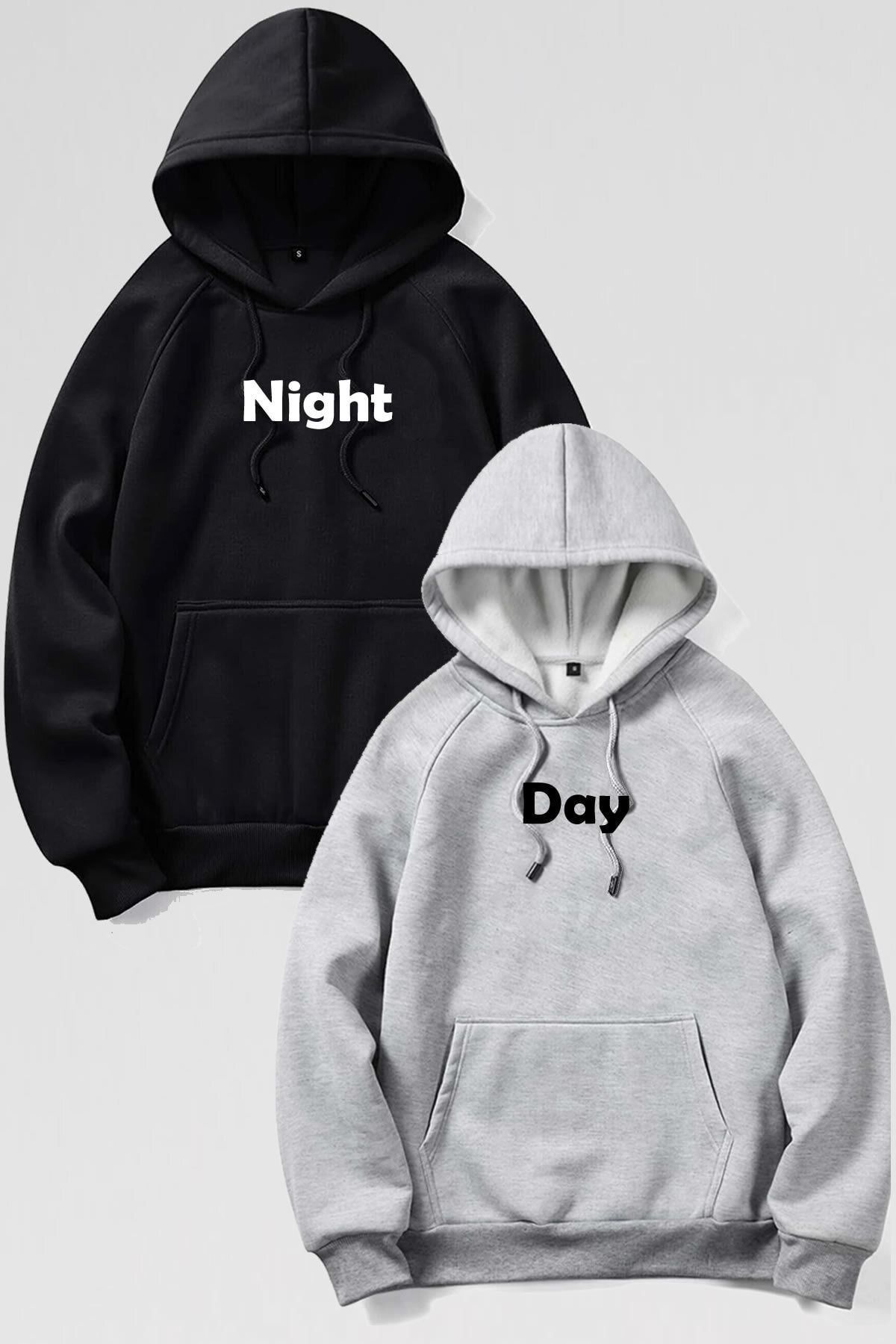 Boi Night Day Sevgili Çift Kombin - Siyah Gri Baskılı Oversize Kapüşonlu Sweatshirt