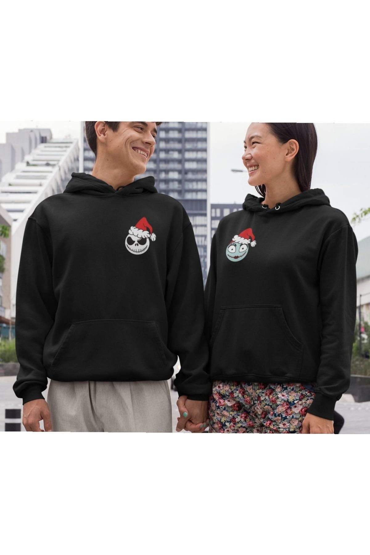 Boi Noel Kafalar Sevgili Çift Kombin - Siyah Baskılı Oversize Kapüşonlu Sweatshirt