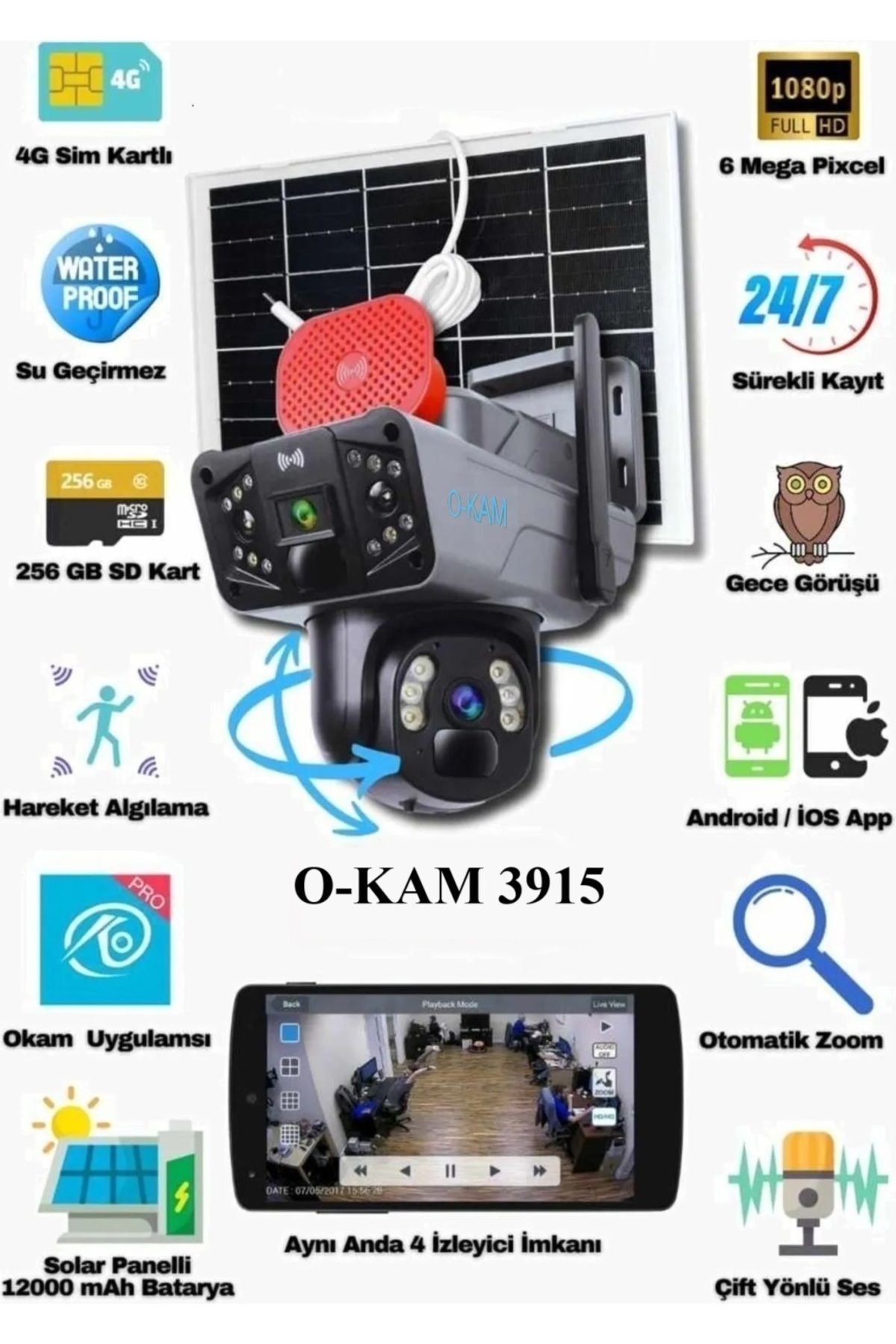TR Charger O-KAM 3915 4G 6MP Çift Lens Sim Kartlı Güneş Enerjili Güvenlik Kamerası