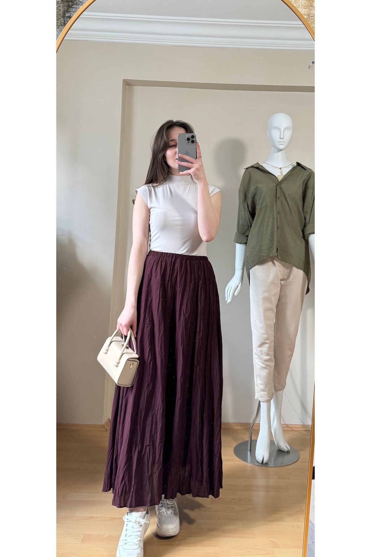 Eda Başak Atelier Kırışık Uzun Bordo Etek