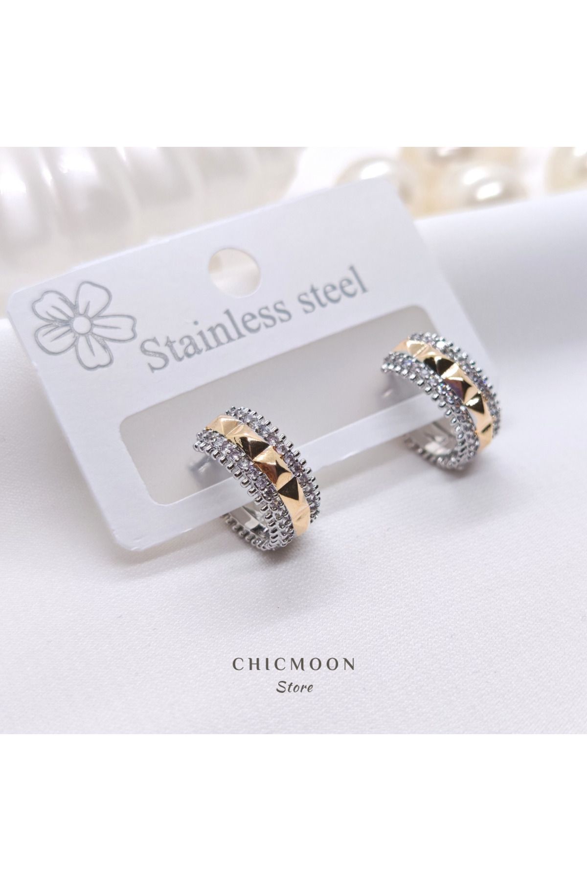 CHICMOON STORE Çelik Gümüş-Altın Renkli Taşlı Halka Küpe