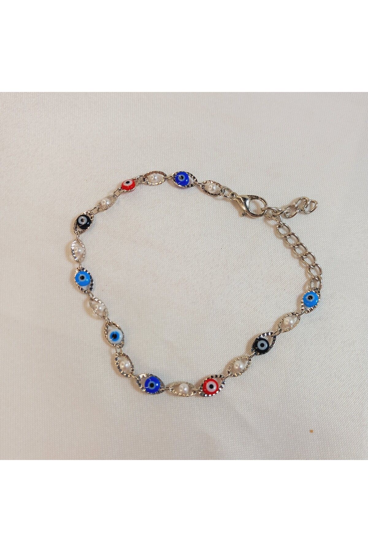 Crystal Atelier Gümüş Kaplama Zincir Bileklik Nazar Boncuğu Detaylı Çok Renkli-İncili Göz Nazar Boncuğu Bileklik