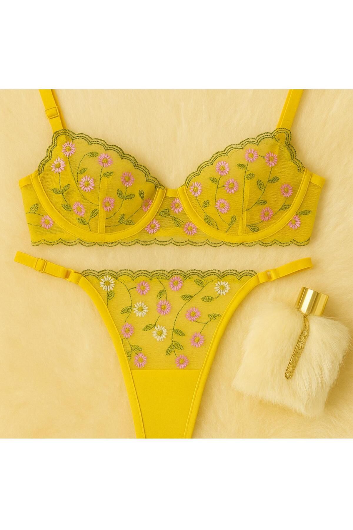 nuda luna Sarı çiçek nakışlı transparan bralet & tanga