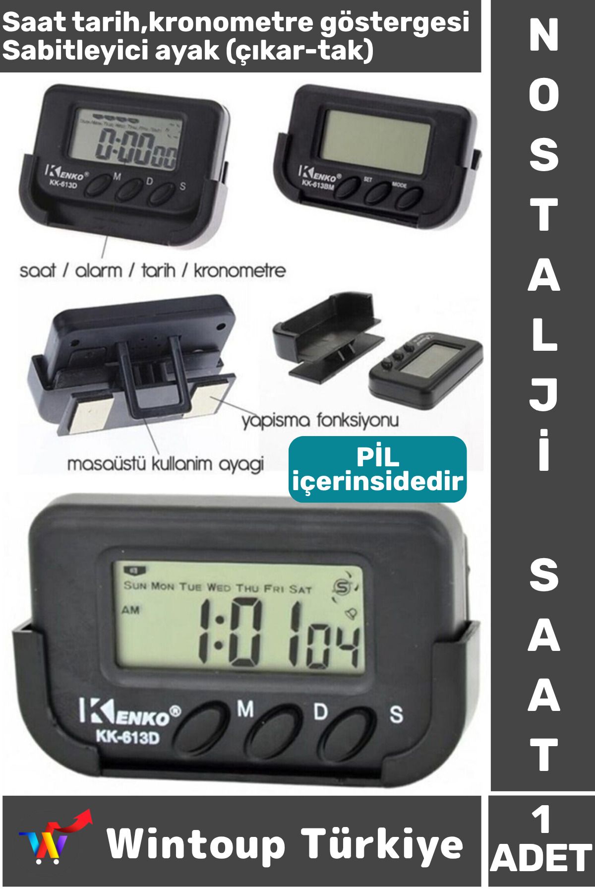 Wintoup Nostalji Masa Araba Saati Öğrenci Ev Ofis Okul Minibüs Kronometreli Dijital Mini Saat
