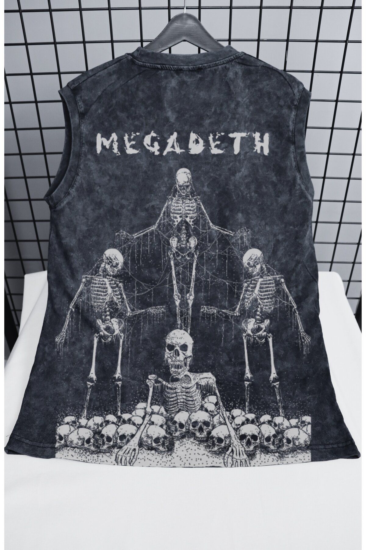 Fuddy Moda Megadeth Skeleton Baskılı Yıkamalı Kolsuz Tişört, Unisex Rock Band Temalı Retro Sıfır Kollu Atlet