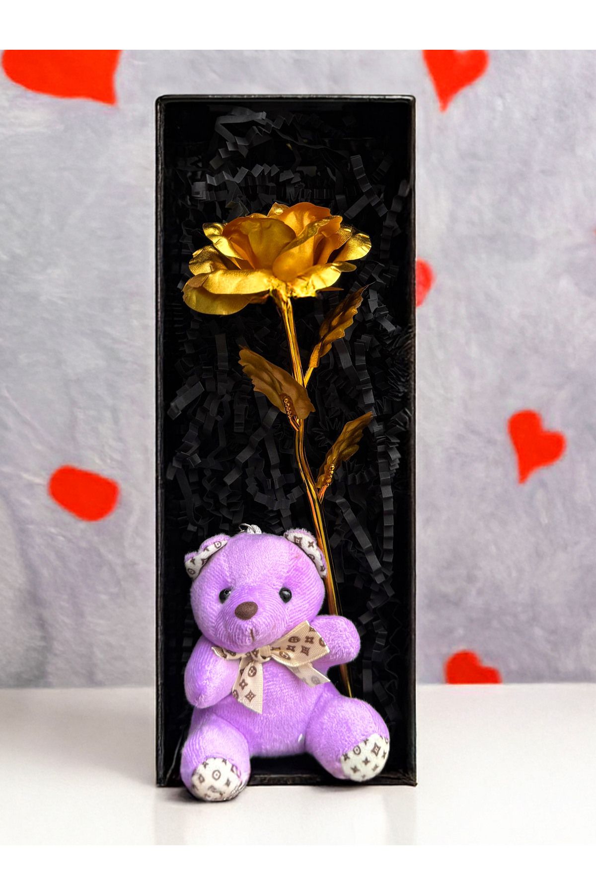 lenostra Sevgiliye Romantik Hediye Gold Sonsuzluk Gülü ve Mor Ayıcık Romantik Hediye Sevgiliye