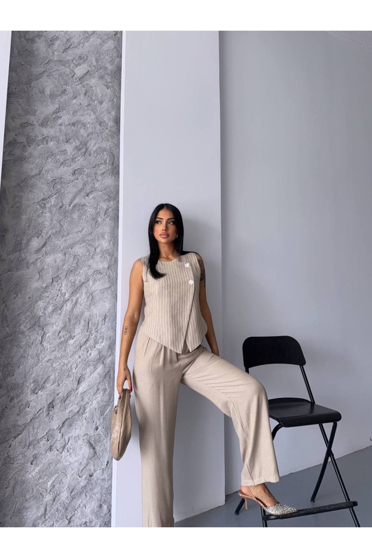 Castivo Fashion Keten Görünümlü Çizgili Kolsuz Yelek Takım